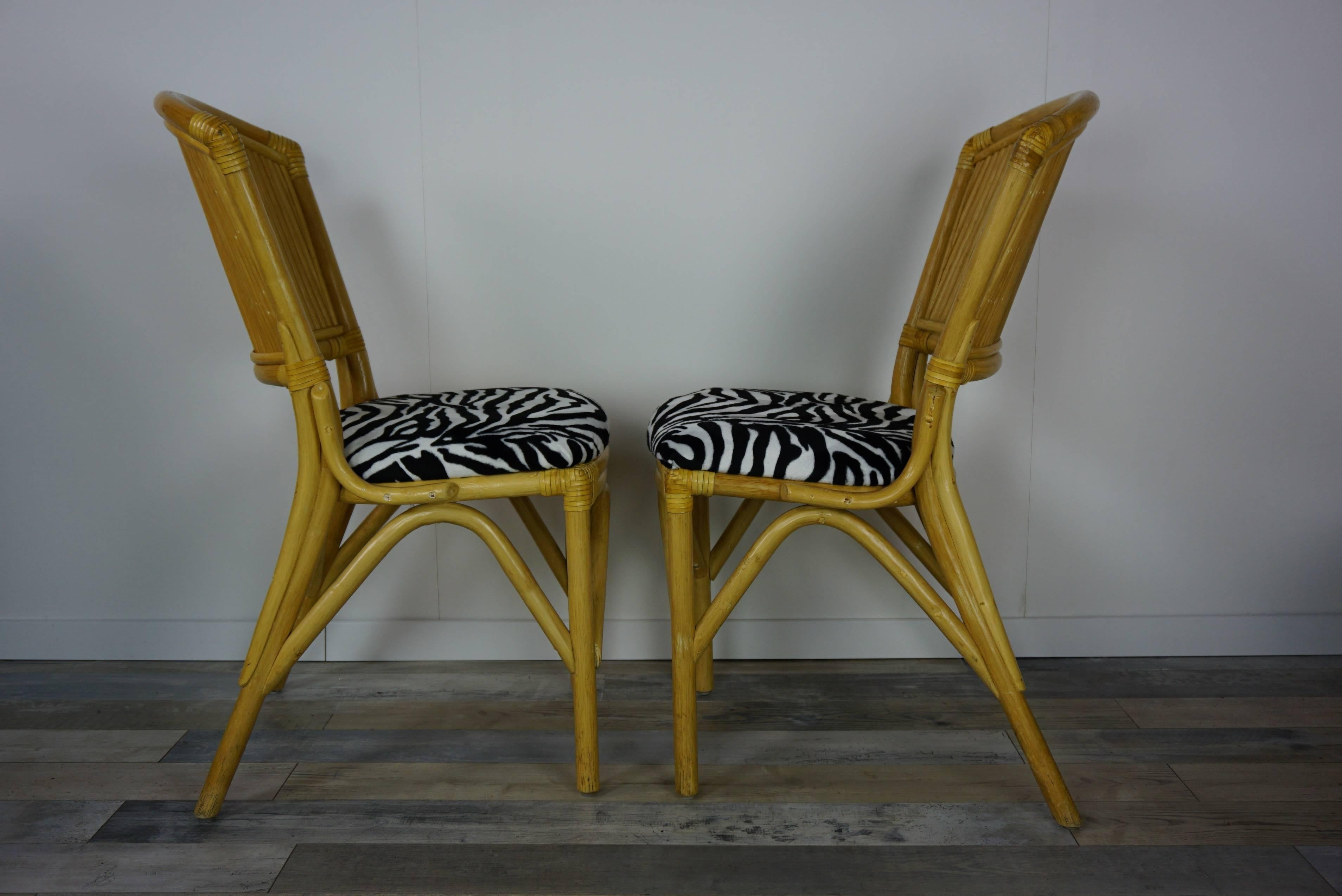 Set of Four Rattan Chairs with Leather and Velvet Effects Zebra Skin 1