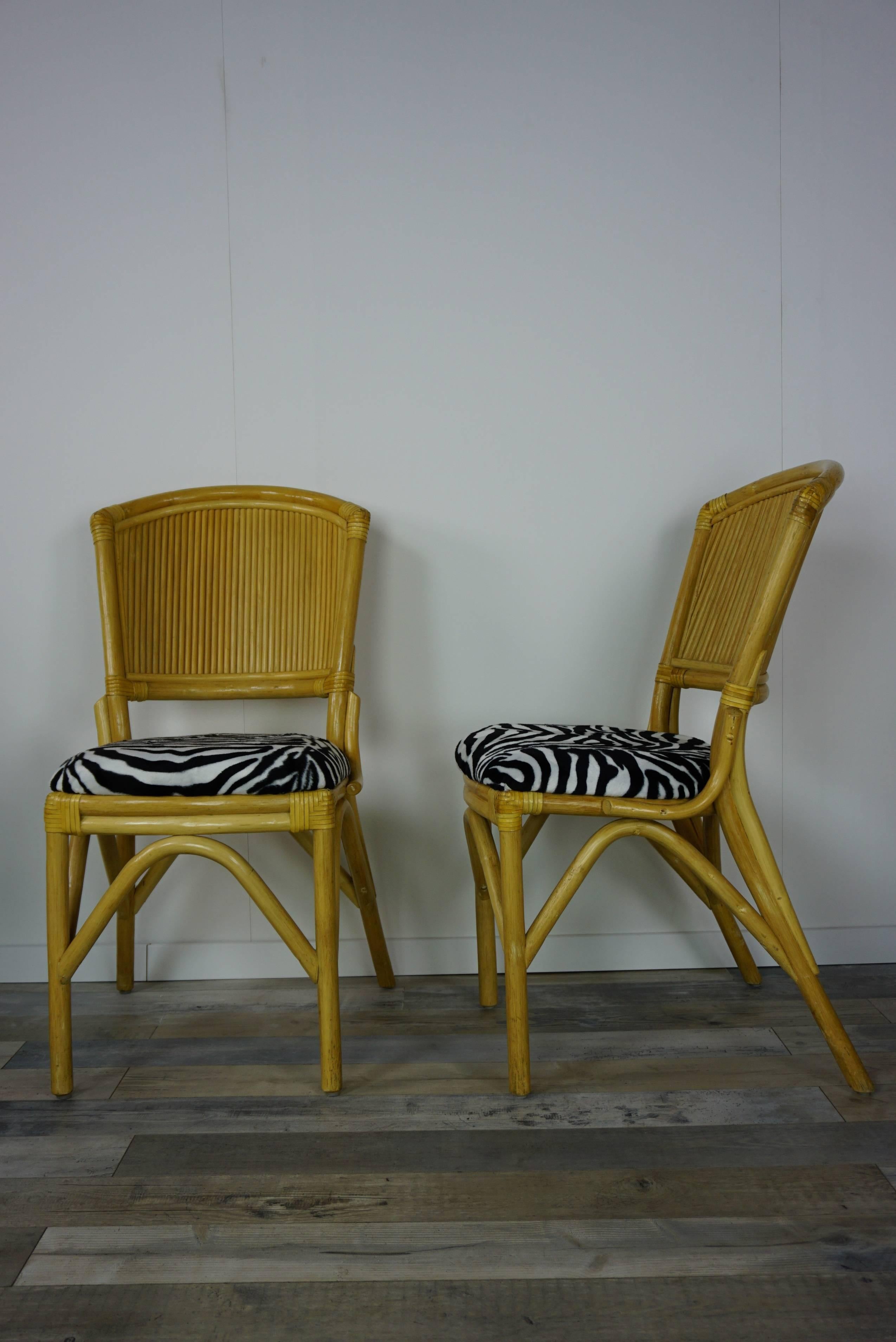 20th Century Set of Four Rattan Chairs with Leather and Velvet Effects Zebra Skin