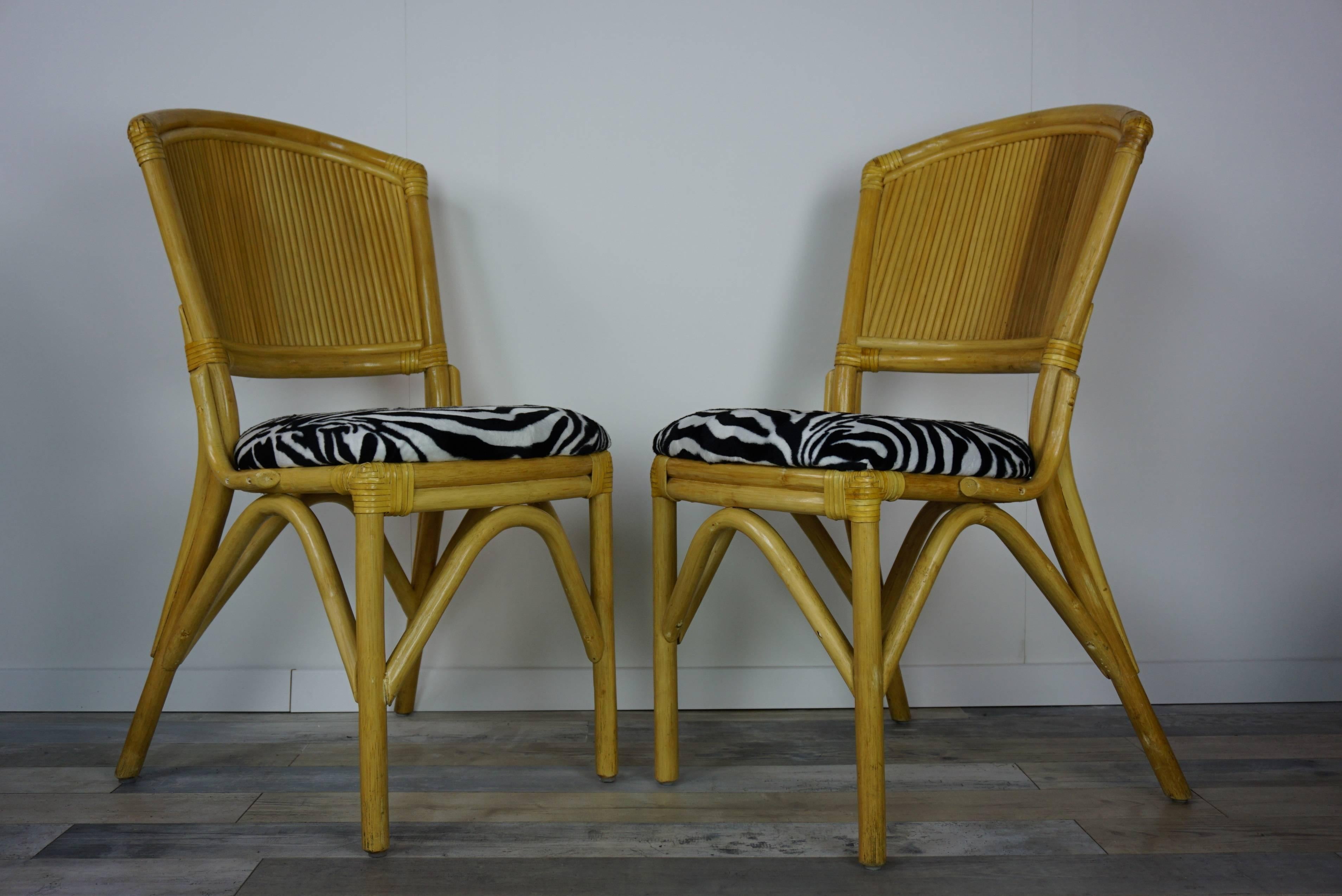 Set of Four Rattan Chairs with Leather and Velvet Effects Zebra Skin 2