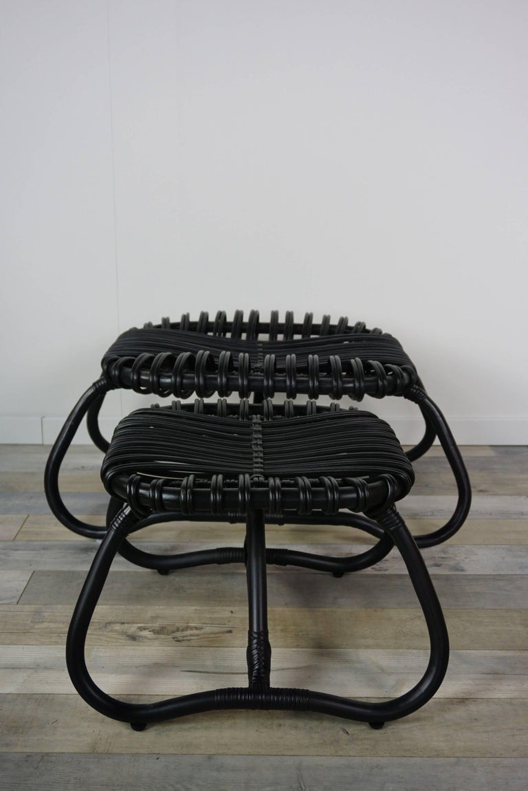 Black Rattan Set of Armchair with Ottoman and Side Table For Sale at