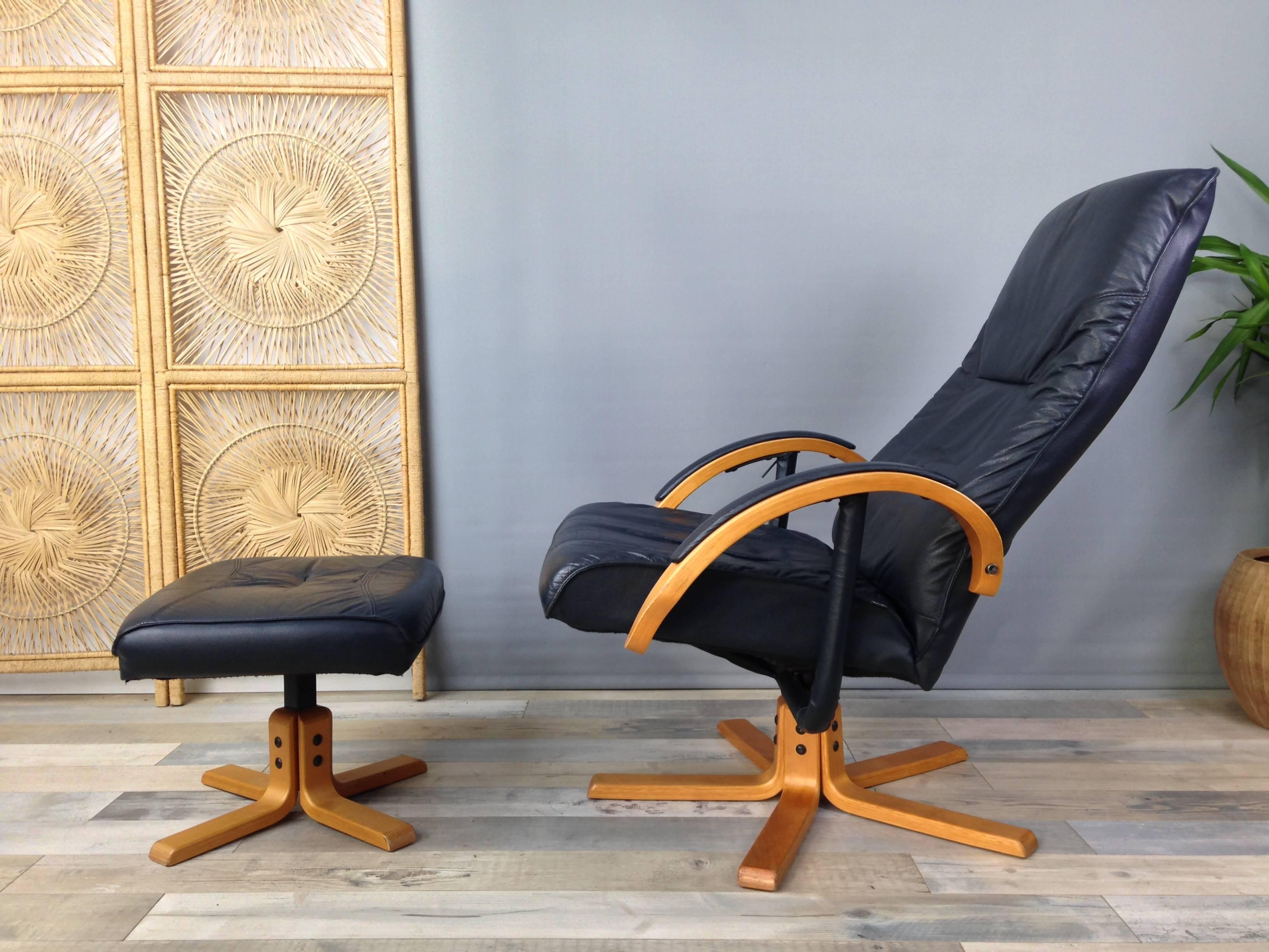 20th Century Danish Design Wooden And Leather Recliner And Swivel Armchair With Ottoman