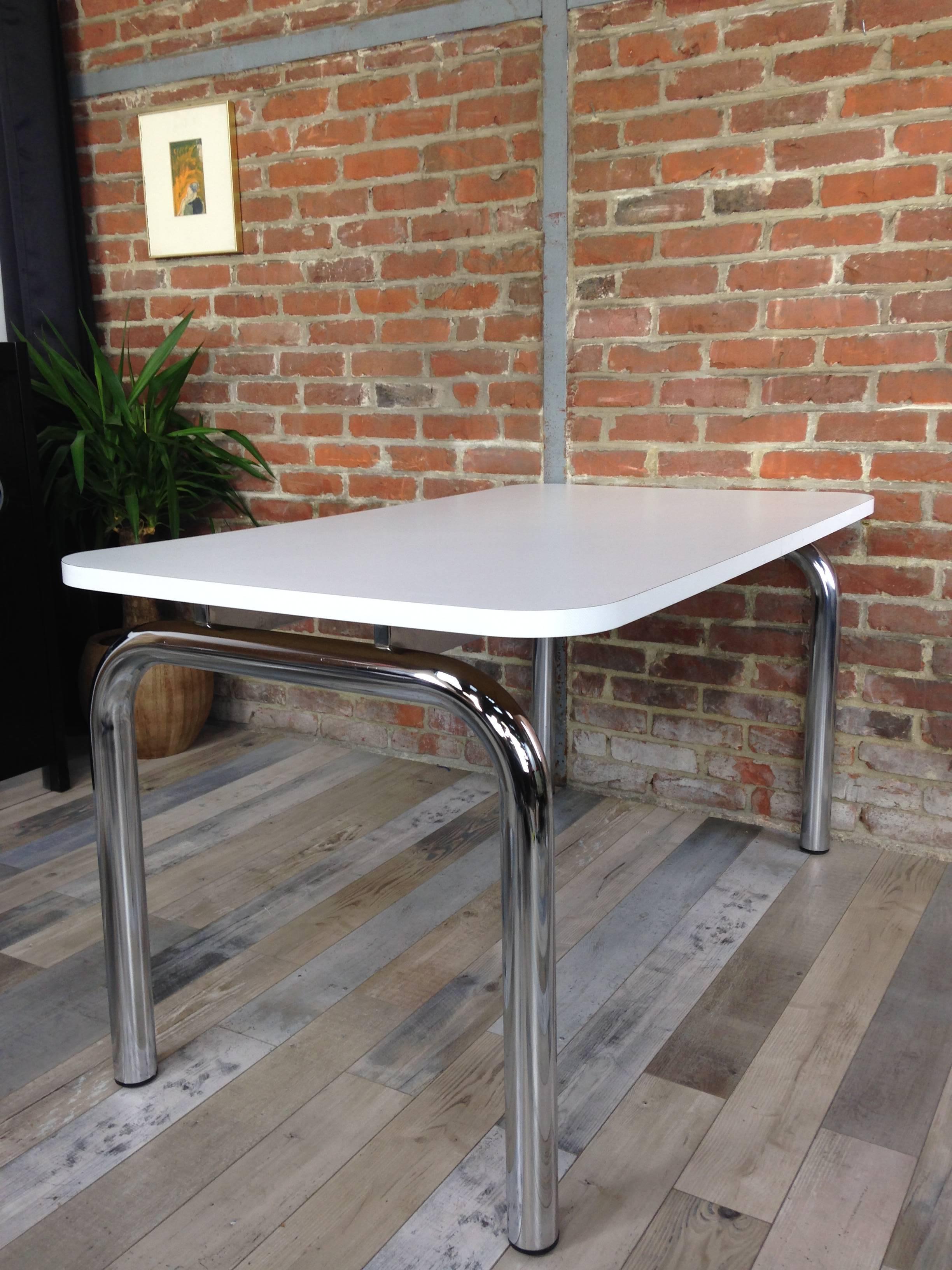 Dutch Design Of The 60's Chrome And Formica Dining Table with chroem tubular structure ans white textured formica tray