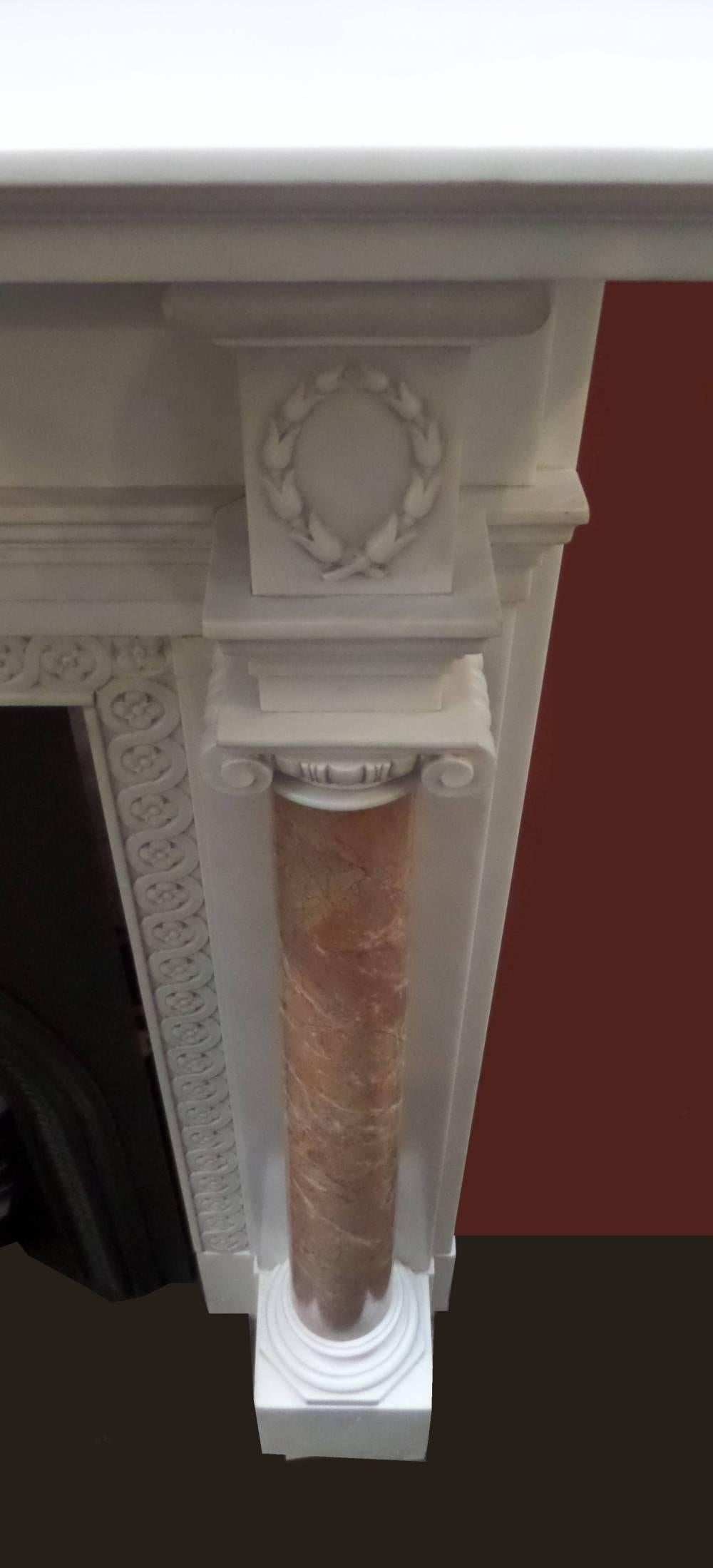 British 20th Century Regency Statuary Marble Chimneypiece with Rosa Marble Pillars For Sale