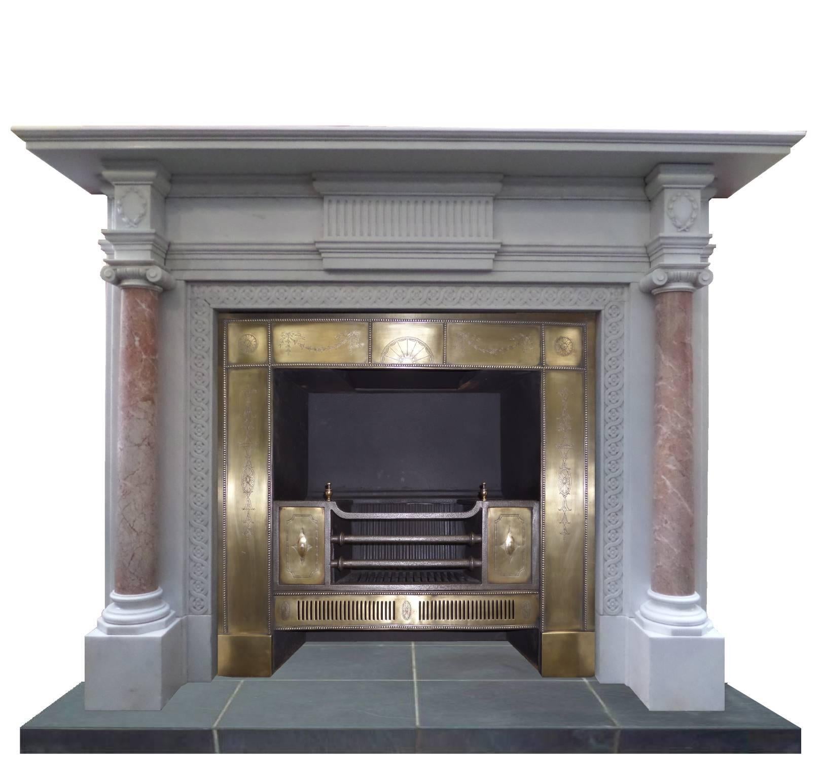 19th Century 20th Century Regency Statuary Marble Chimneypiece with Rosa Marble Pillars For Sale