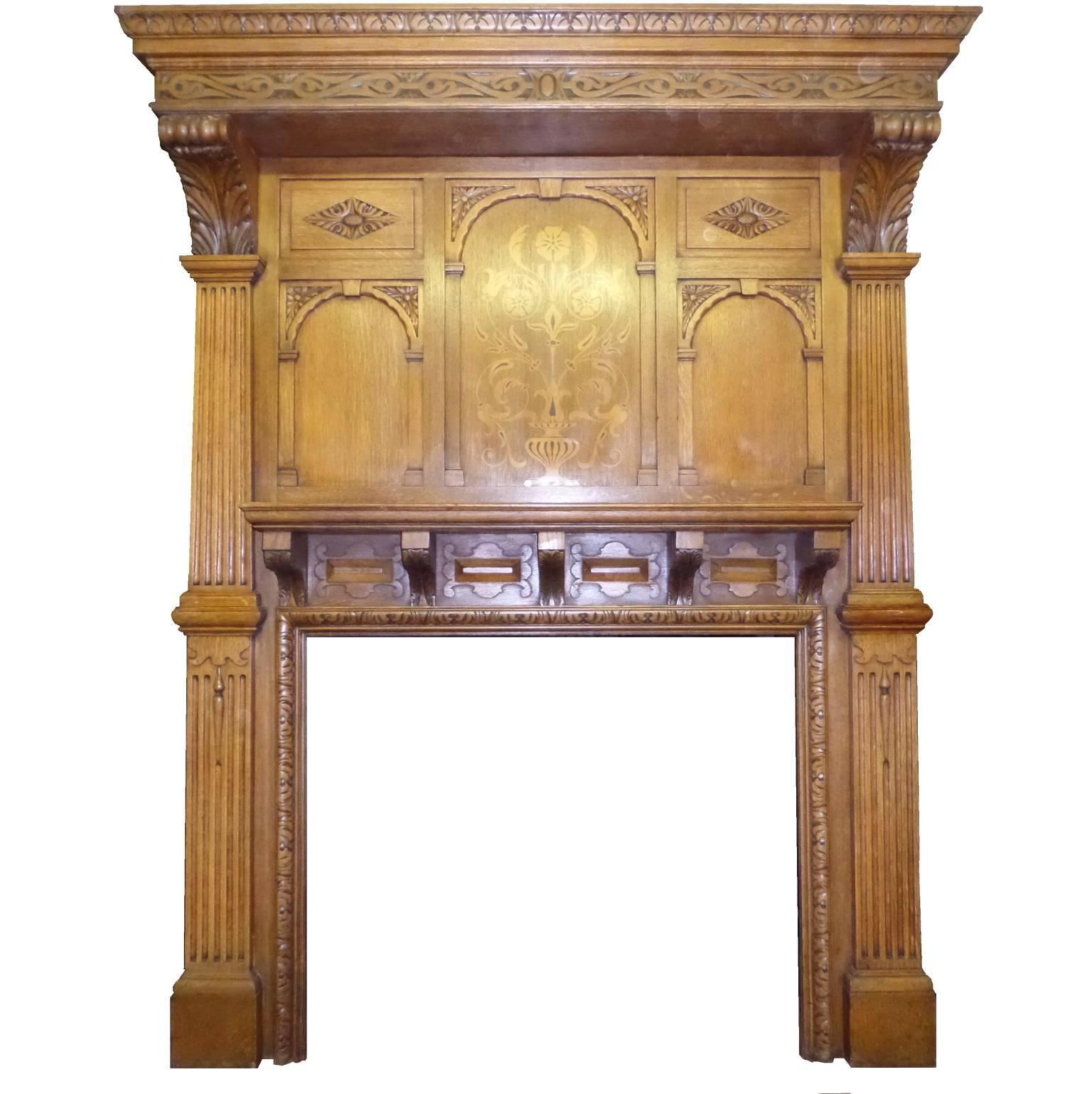 19th Century Late Victorian Arts and Craft Oak Mantel Fireplace Surround For Sale