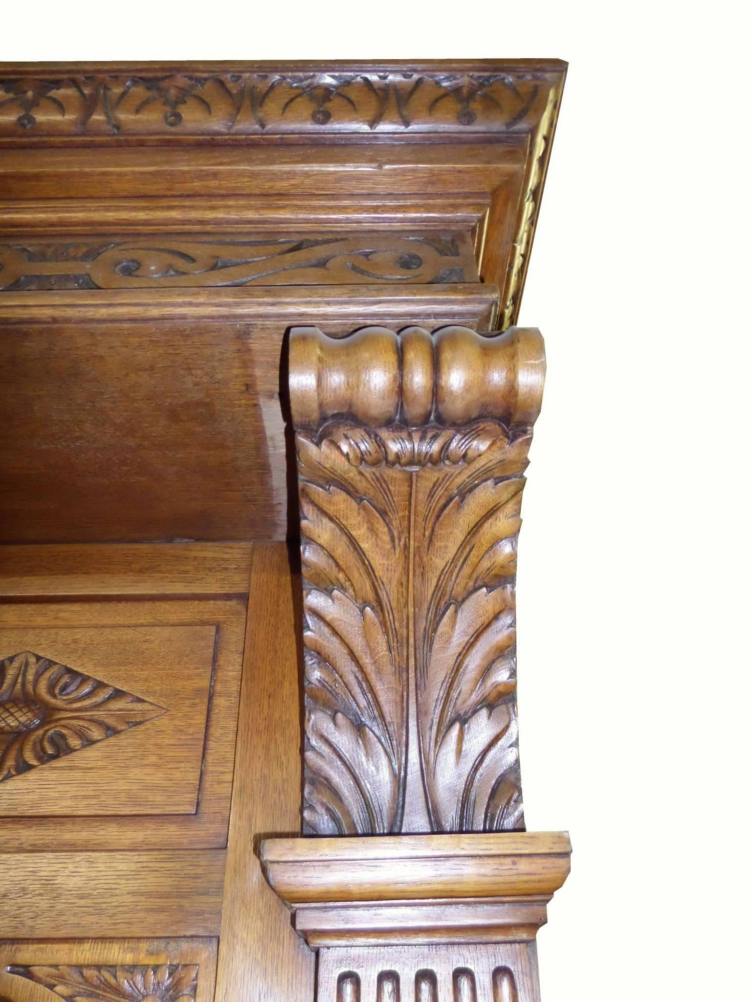 Carved 19th Century Late Victorian Arts and Craft Oak Mantel Fireplace Surround For Sale
