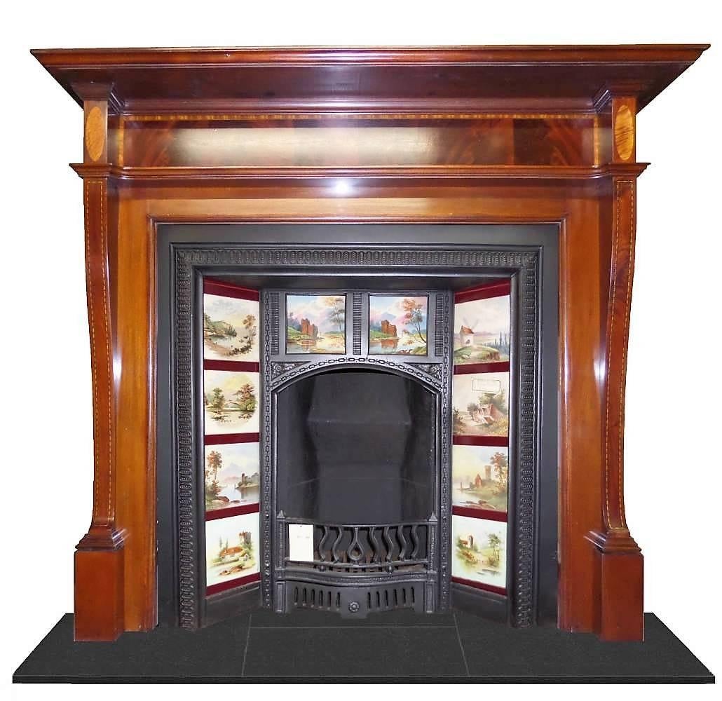 19th Century Antique Edwardian Mahogany Wood Sheraton Revival Mantel / Surround