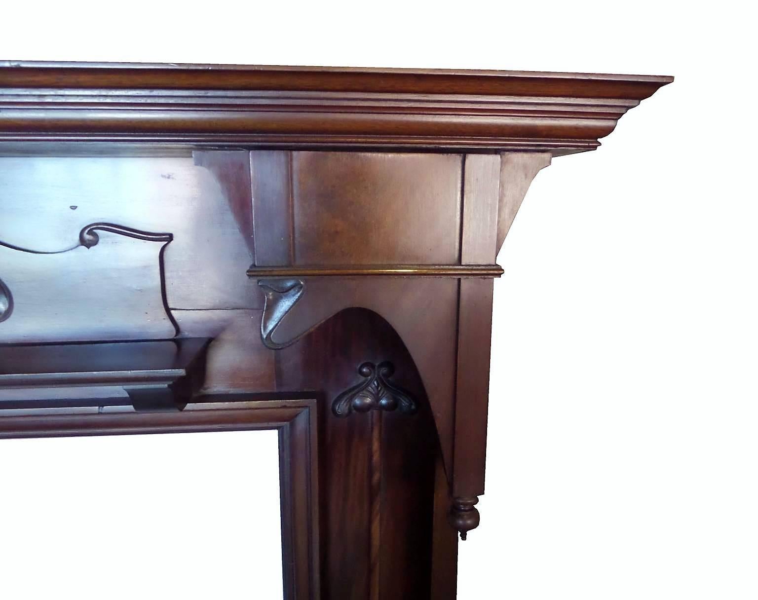 Carved Early 20th Century Art Nouveau Large Mahogany Wood Fireplace Mantel For Sale