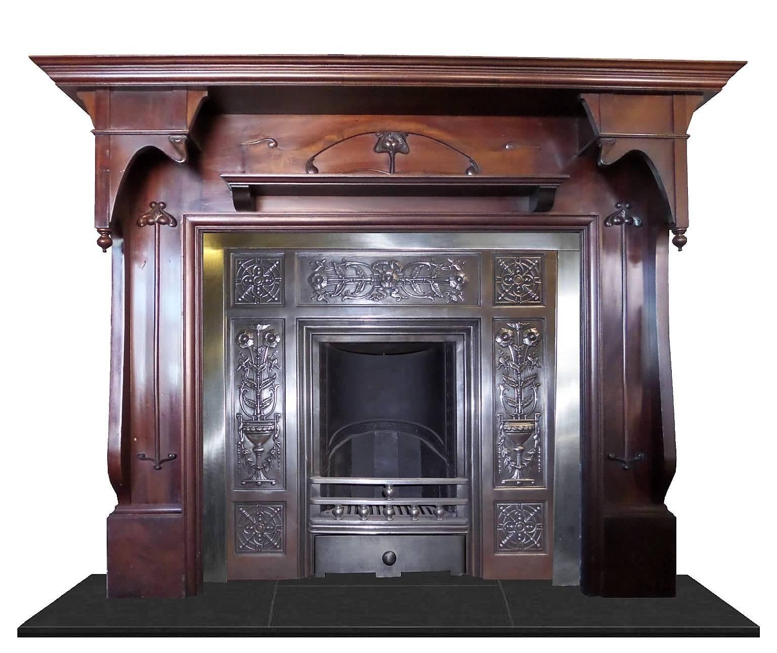 Early 20th Century Art Nouveau Large Mahogany Wood Fireplace Mantel For Sale 2