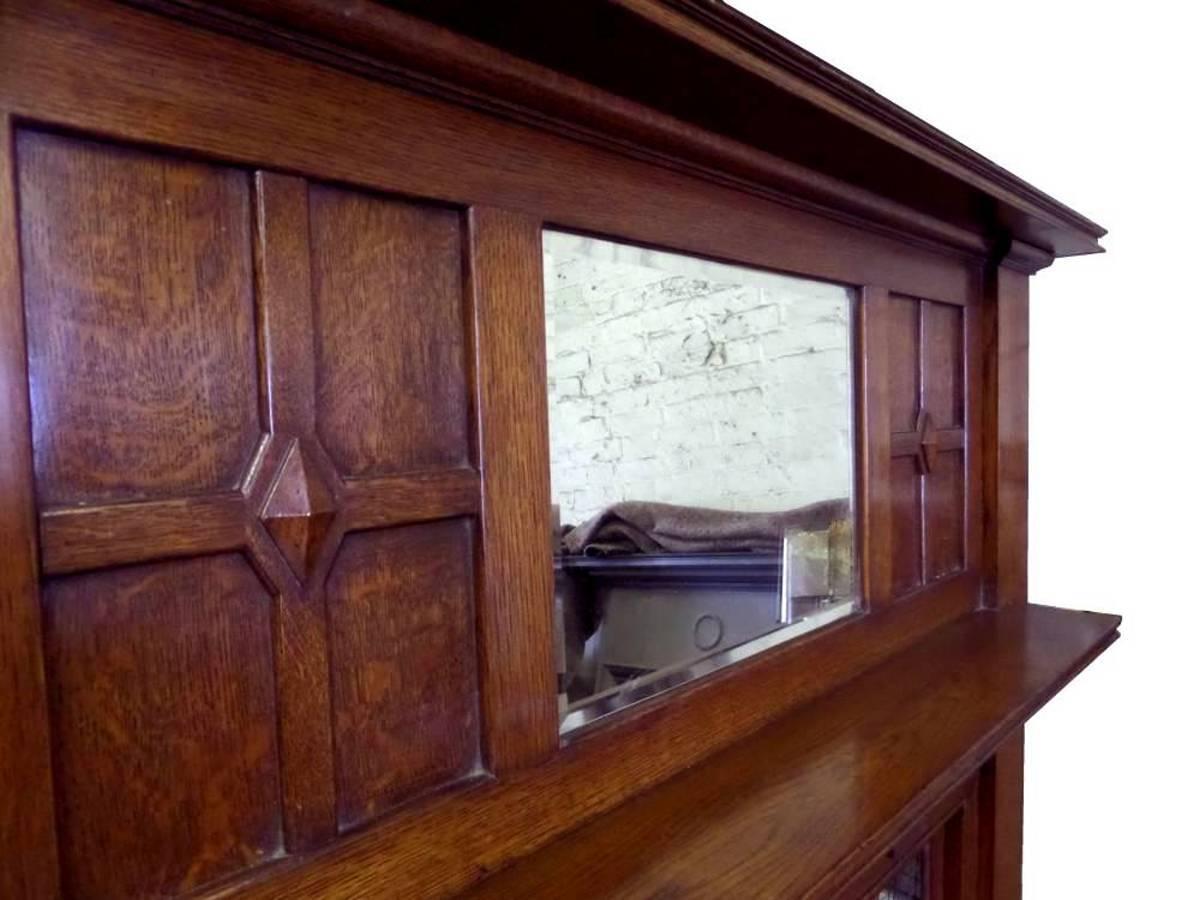 Carved 20th Century Edwardian Arts and Crafts Oak Mantel Fireplace Surround and Mirror For Sale