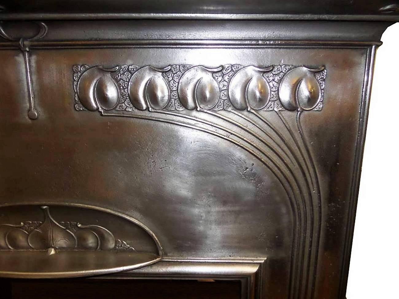 English Late 19th Century Victorian Art Nouveau Semi Polished Fireplace with Tiles For Sale
