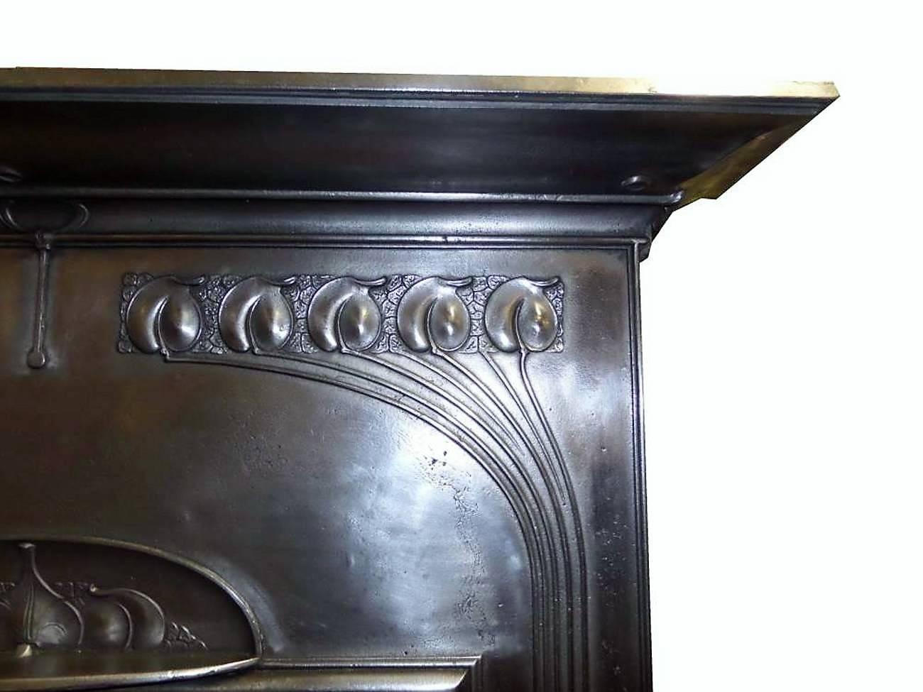 Cast Late 19th Century Victorian Art Nouveau Semi Polished Fireplace with Tiles For Sale