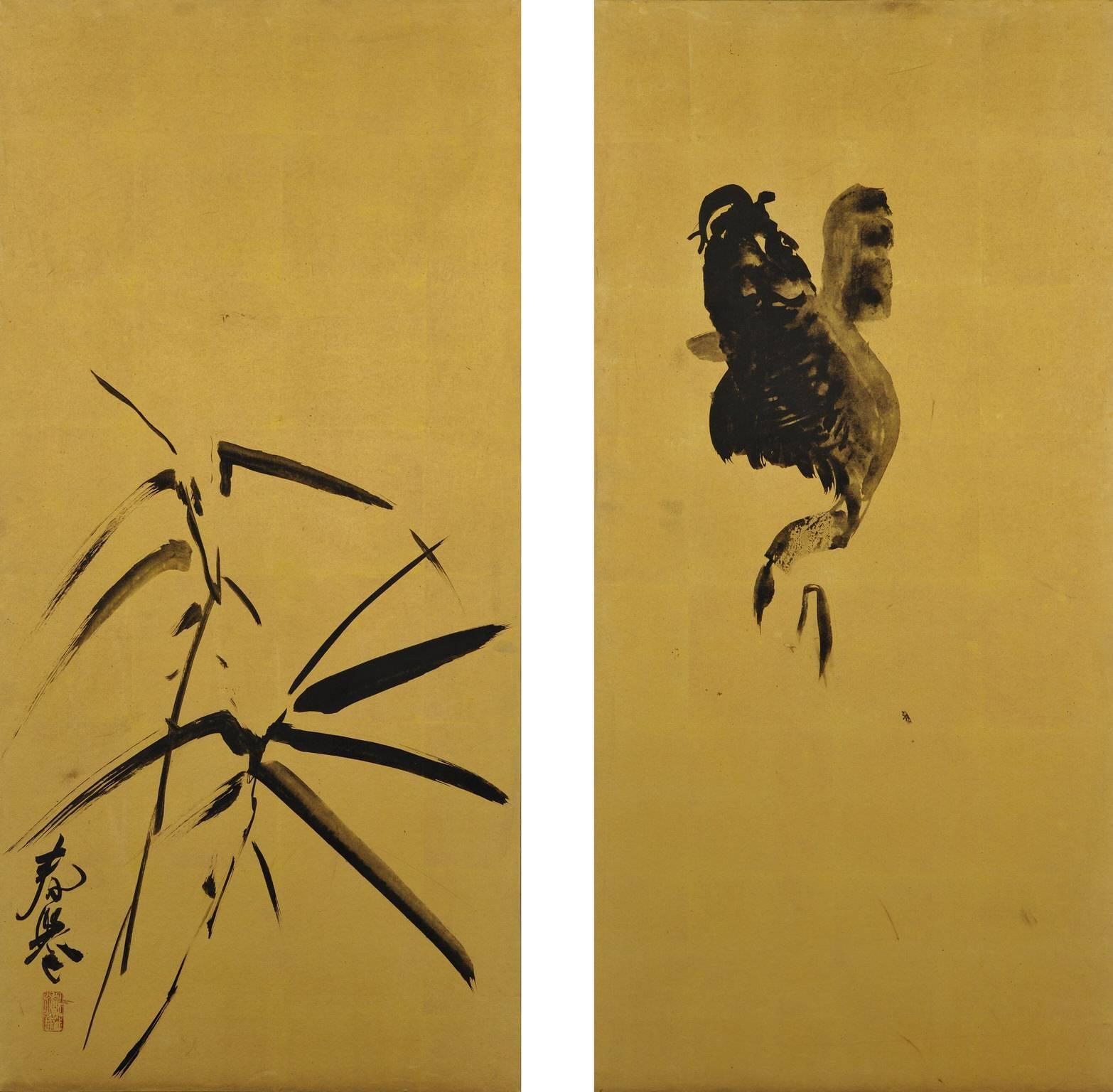 Paar japanische gerahmte Gemälde von Yamamoto Shunkyo (1871-1933), Teppich und Bambus