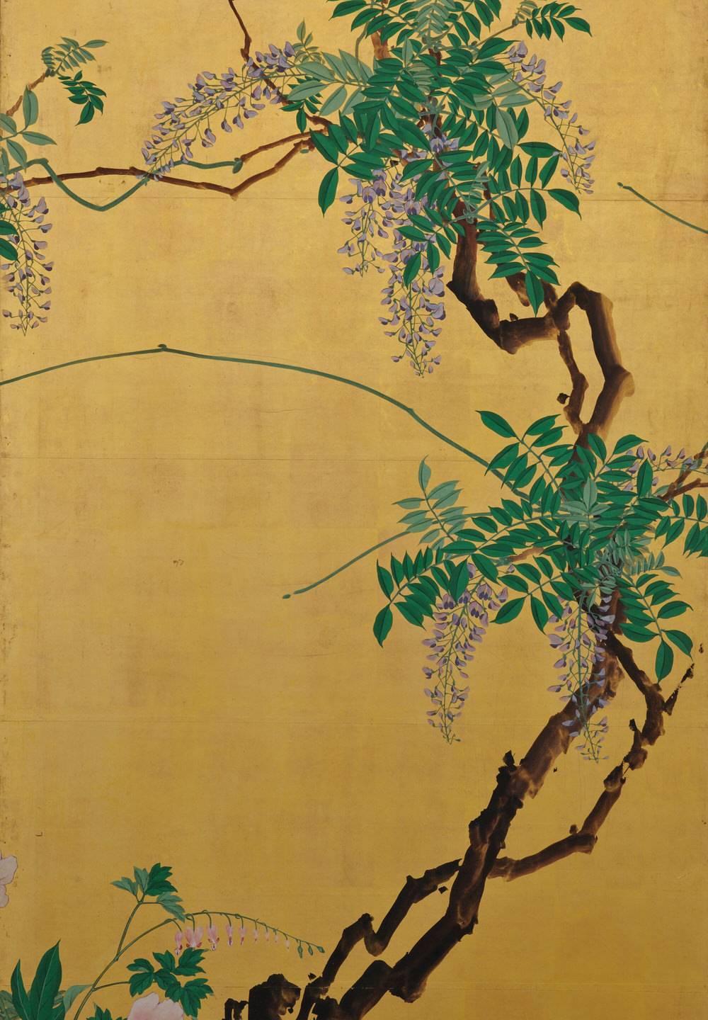 Kishi Ganryo (1798-1852)
“Flowers of the Four Seasons”
Six-panel screen, ink, color and gold leaf on paper.
Inscription: Utanosuke Ganryo
Artist seals:
Ganryo no in
Shiryo
Dimensions:
170 cm x 556 cm (67” x 219”)

Flowers and plants have