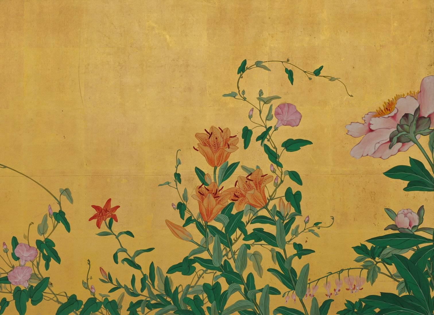 Edo Kishi Ganryo “Flowers of the Four Seasons” Japanese Folding Screen