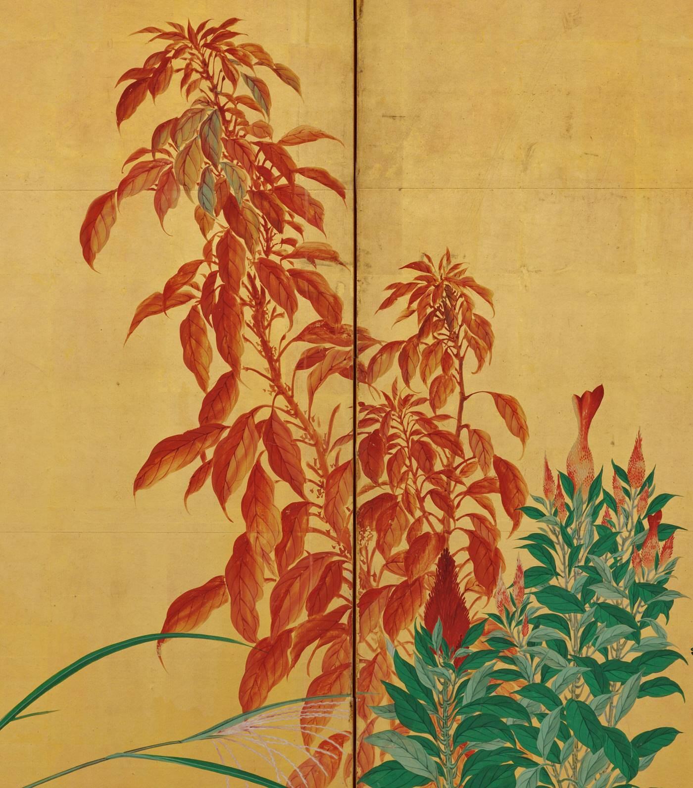 Hand-Painted Kishi Ganryo “Flowers of the Four Seasons” Japanese Folding Screen