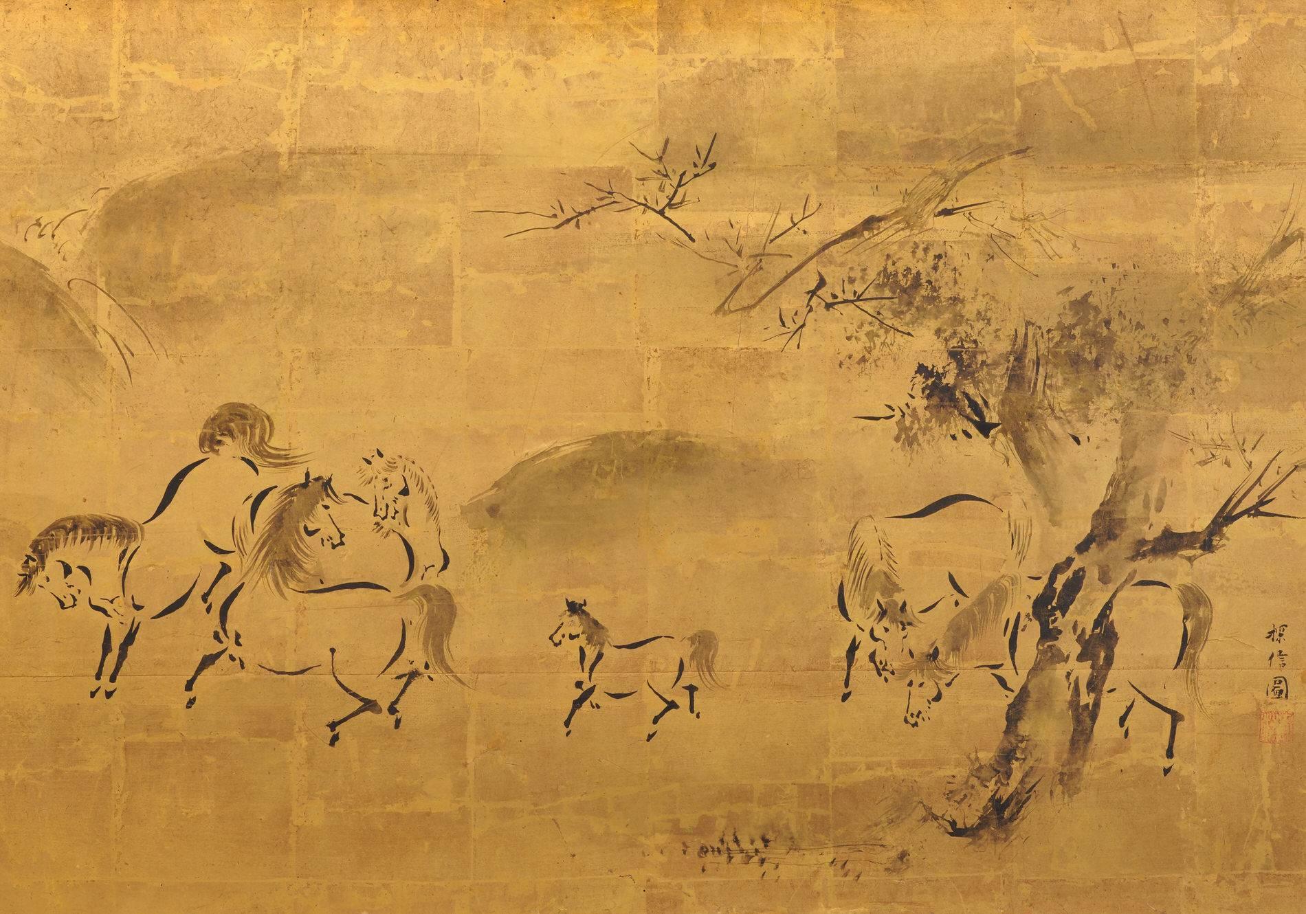 A two-fold tea-ceremony or furosaki Japanese screen from the late 17th or early 18th century by Kano Tanshin Morimasa. Ink on gold leaf.

China originally introduced horse paintings to Japan; the works typically focused on capturing the essence of