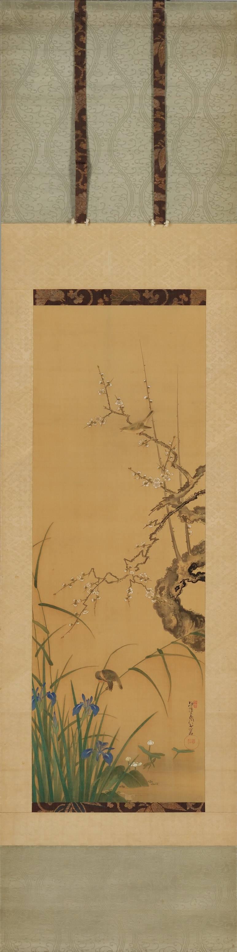Kano Ansen Takanobu (1809-1892)

“Flowers and Birds of Spring and Summer” 1888

Hanging scroll, ink and color on silk

Inscription: “Matsushita……..Ansen 80 years of age”
Upper seal: Kano Shi
Lower seal: Takanobu

A sophisticated painting