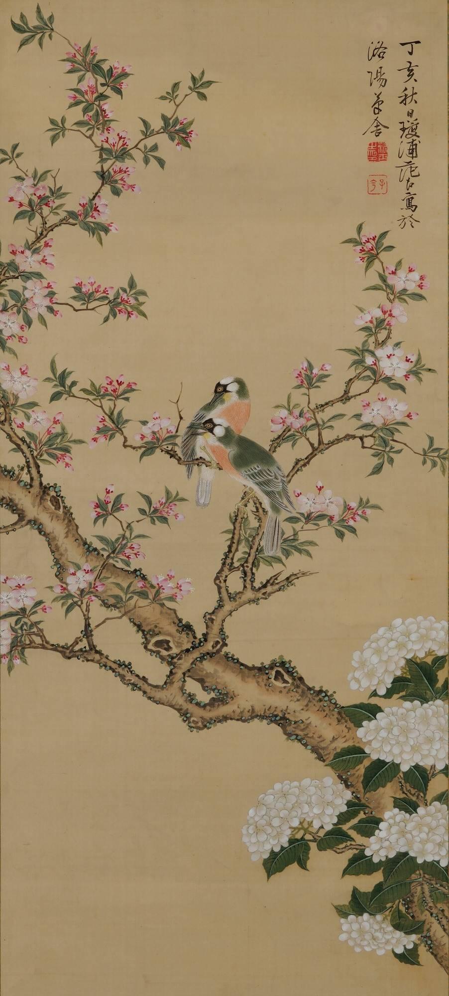 Anonymous
“Spring flowers and birds”
Hanging scroll, ink and color on silk
Dimensions:
Scroll: 180 cm x 53 cm (71’’ x 21’’)
Image: 92 cm x 41 cm (36’’ x 16’’)
Inscription:
“Year of the fire dog, Keiho” – (Keiho is a name for Nagasaki commonly