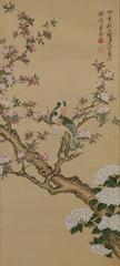Spring Birds and Flowers, 19th Century, Japanese Scroll Painting, Nanpinha