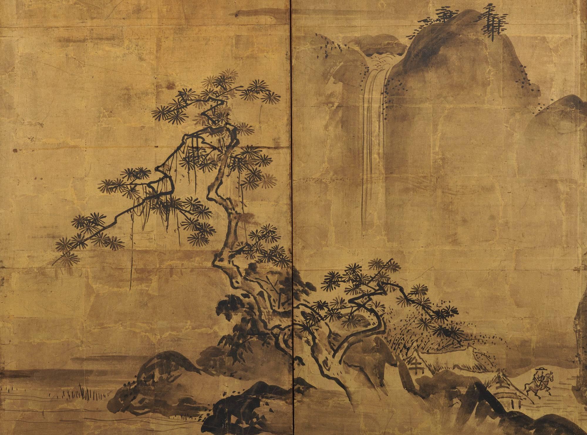 Kiyono Yozan (fl. 1688-1704)
“Views of the Xiao and Xiang”
Six-panel screen, ink and gold leaf on paper.
Inscription: Yozan
Seal: Issei
Dimensions:
105 cm x 258 cm (41” x 101.5”)
The eight views of the Xiao and Xiang was first developed in Chinese