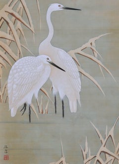 19th Century Japanese Bird and Flower Painting, Herons and Reeds, Hara School