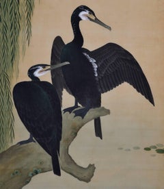 19th Century Japanese Bird and Flower Painting, Cormorants and Willows