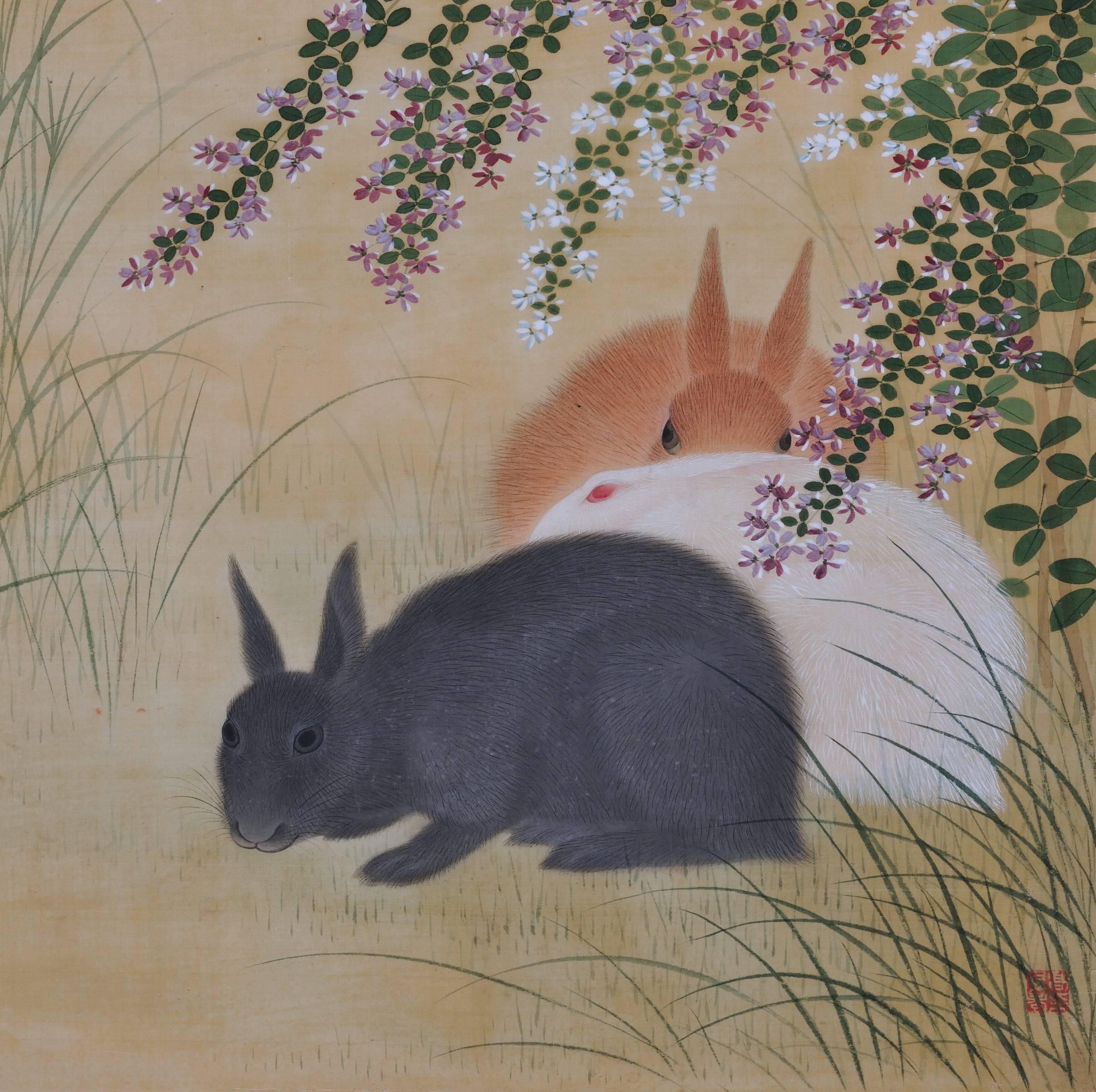 Takakura Zaiko (fl.1854-1860)

Birds and flowers of the seasons

Rabbits & Bush Clover

Ink and color on silk

Unframed

Seal: Taka Zaiko no in 

Dimensions:

H 39” x W 16.5” (100 cm x 42.5 cm)

Bird and flower paintings by the artist Takakura
