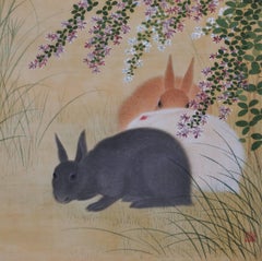 19th Century Japanese Bird and Flower Painting, Rabbits & Bush Clover
