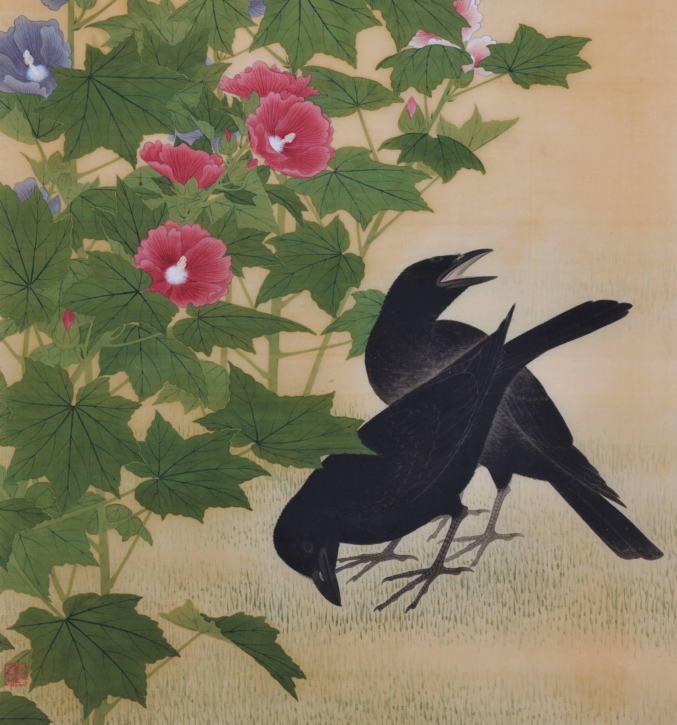 Takakura Zaiko (fl.1854-1860)

Birds and flowers of the seasons

Ravens and hibiscus

Ink and color on silk

Seal: Taka Zaiko no in 

Dimensions:

H 39” x W 16.5” (100 cm x 42.5 cm)

Bird and flower paintings by the artist Takakura