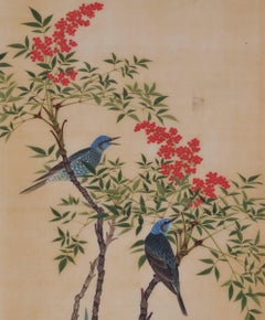 19th Century Japanese Bird and Flower Painting, Bulbuls and Nandina