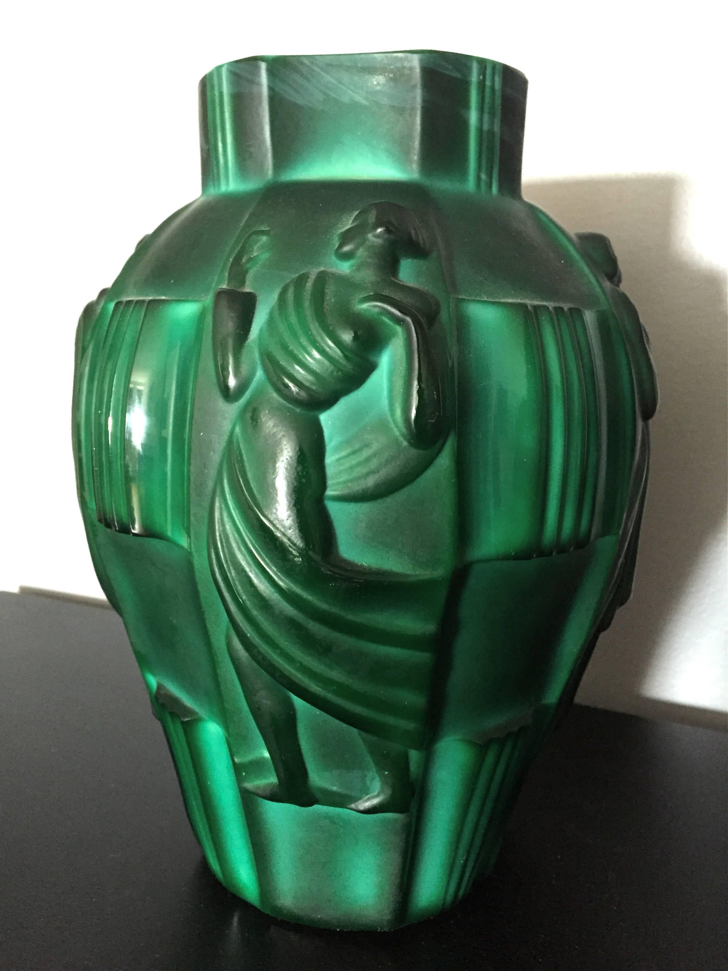 Art Deco malachite glass vase by Curt Schlevogt. Czechoslovakia, 1930s.