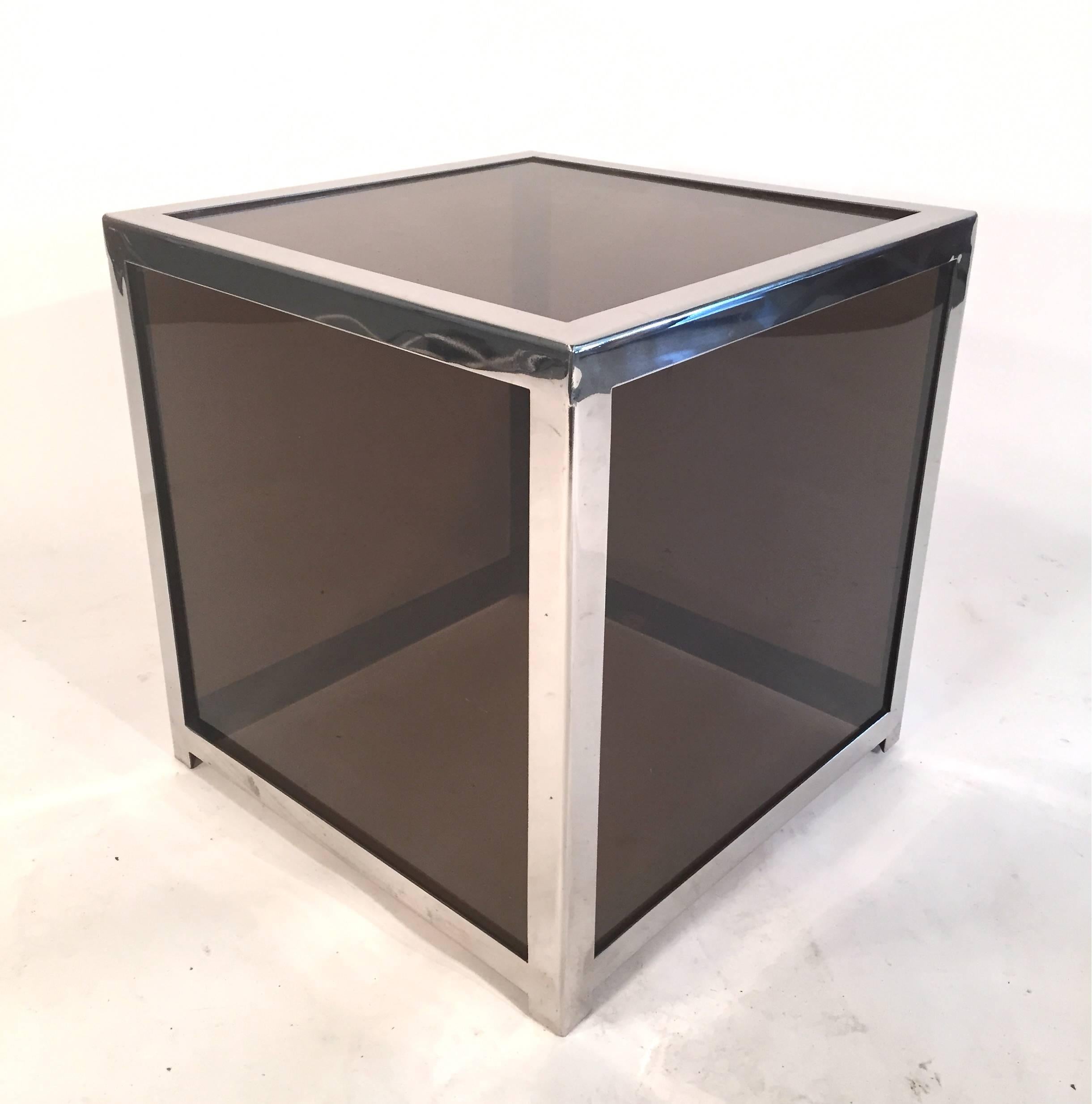 Italian Chrome Trimmed Smoked Acrylic Cube Table Attributed to Alessandro Albrizzi For Sale