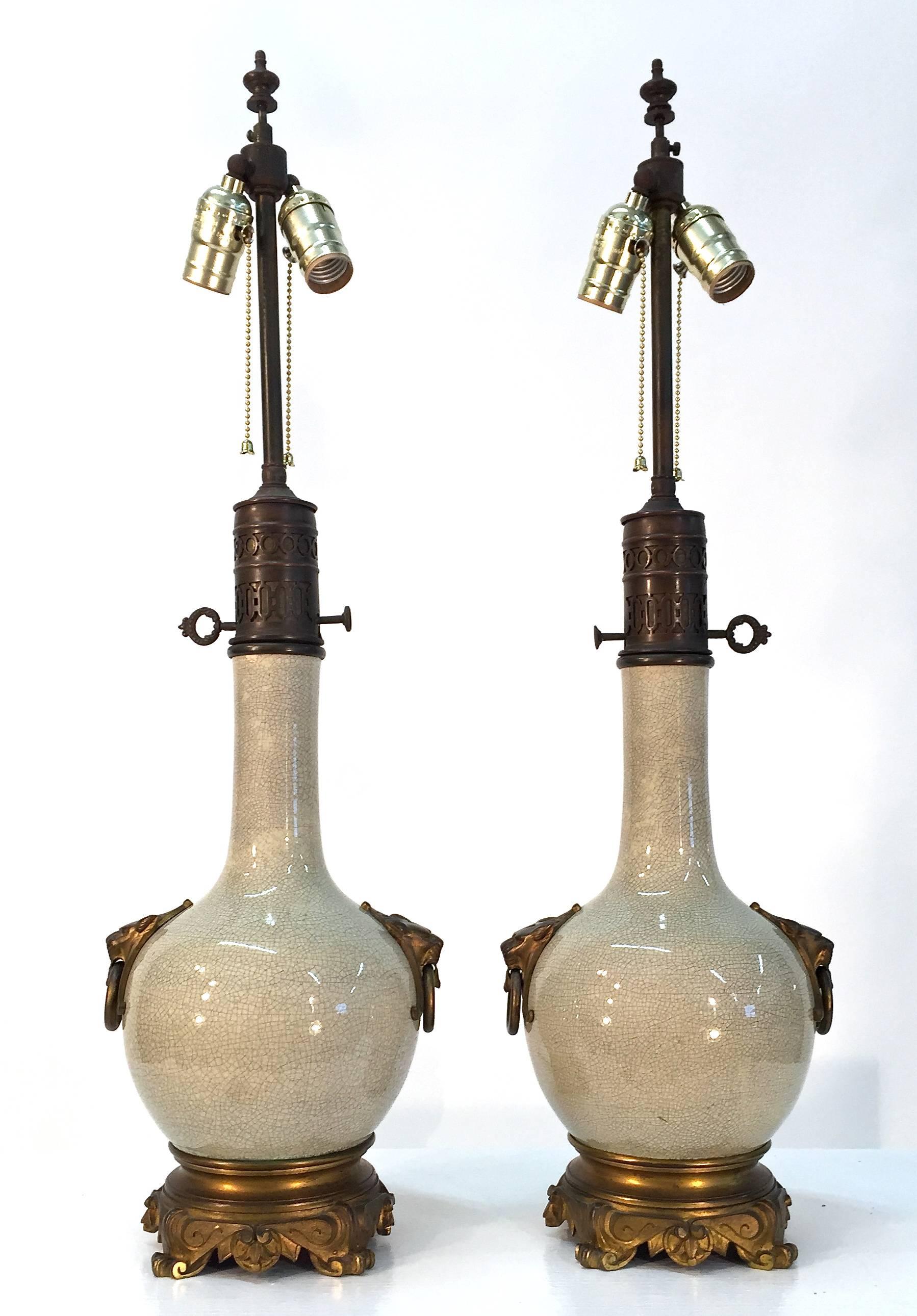 19th Century, French, Bronze-Mounted Crackle Glaze Ceramic Lamps In Good Condition For Sale In Lake Success, NY