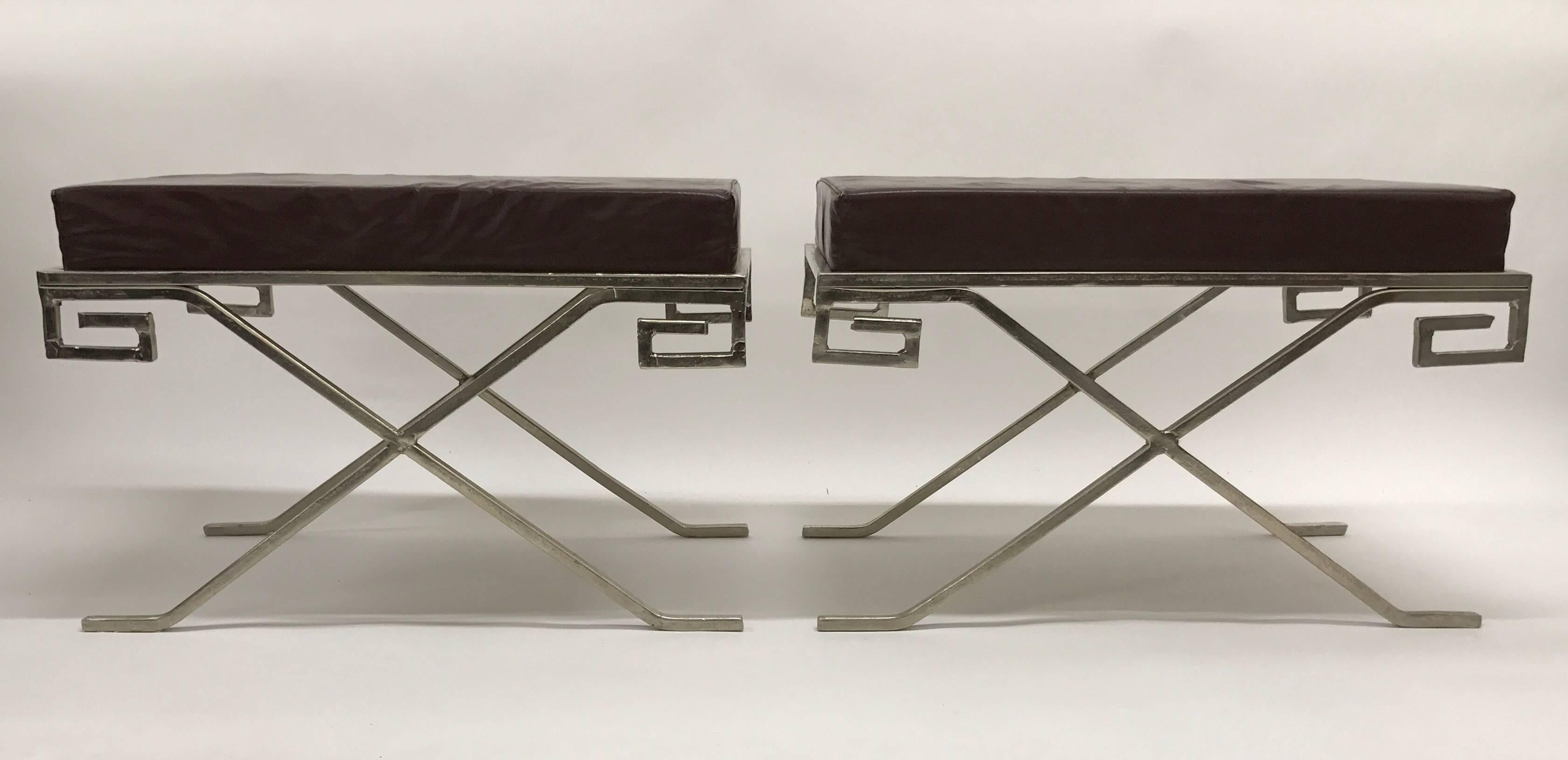 Pair of Modern Greek Key Neoclassical Benches after Jean Michel Frank For Sale 4