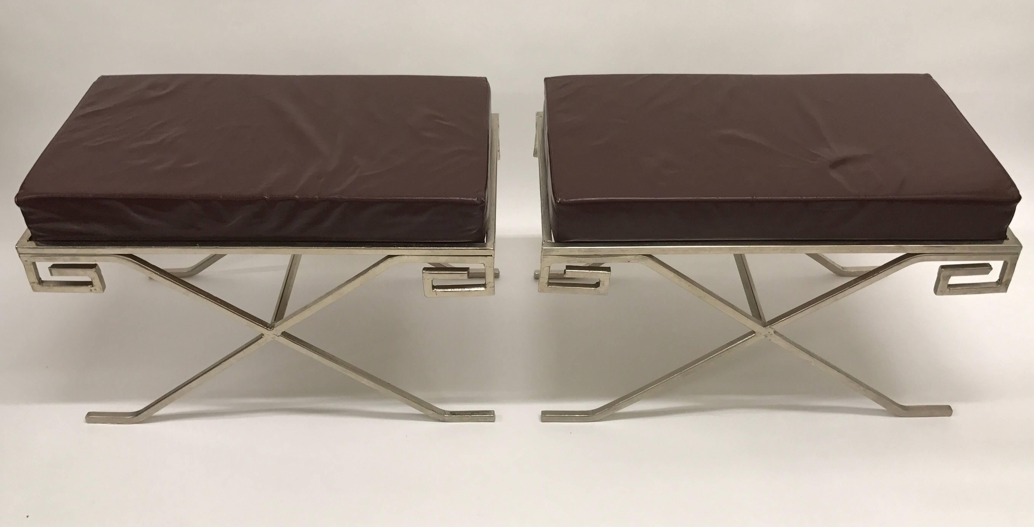 Pair of steel and leather Greek key neoclassical benches in the style of Jean Michel Frank.