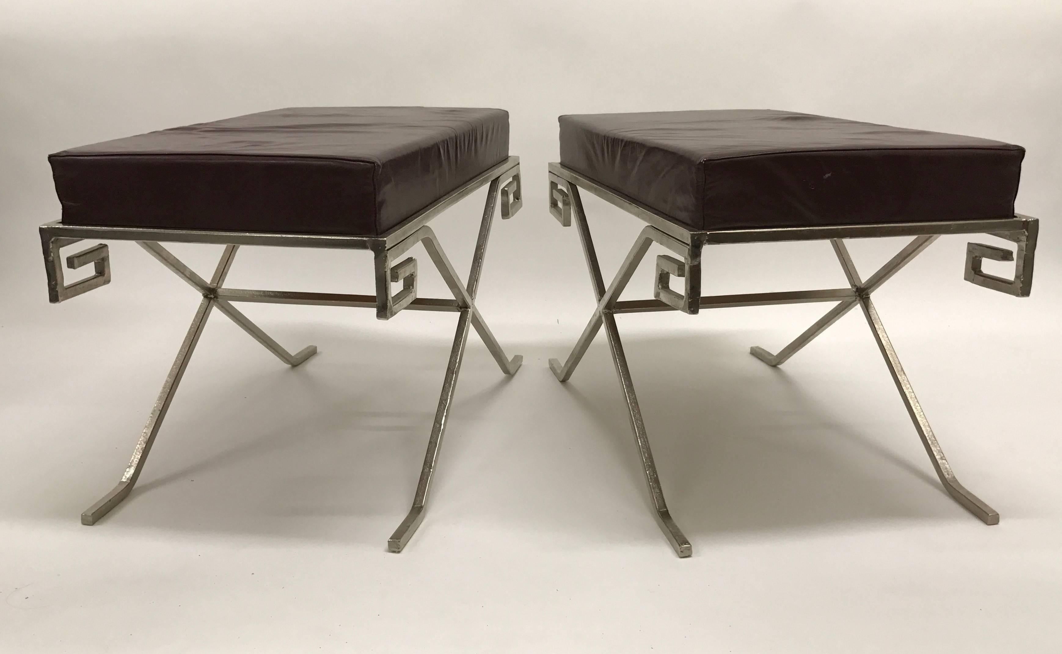 Pair of Modern Greek Key Neoclassical Benches after Jean Michel Frank For Sale 3