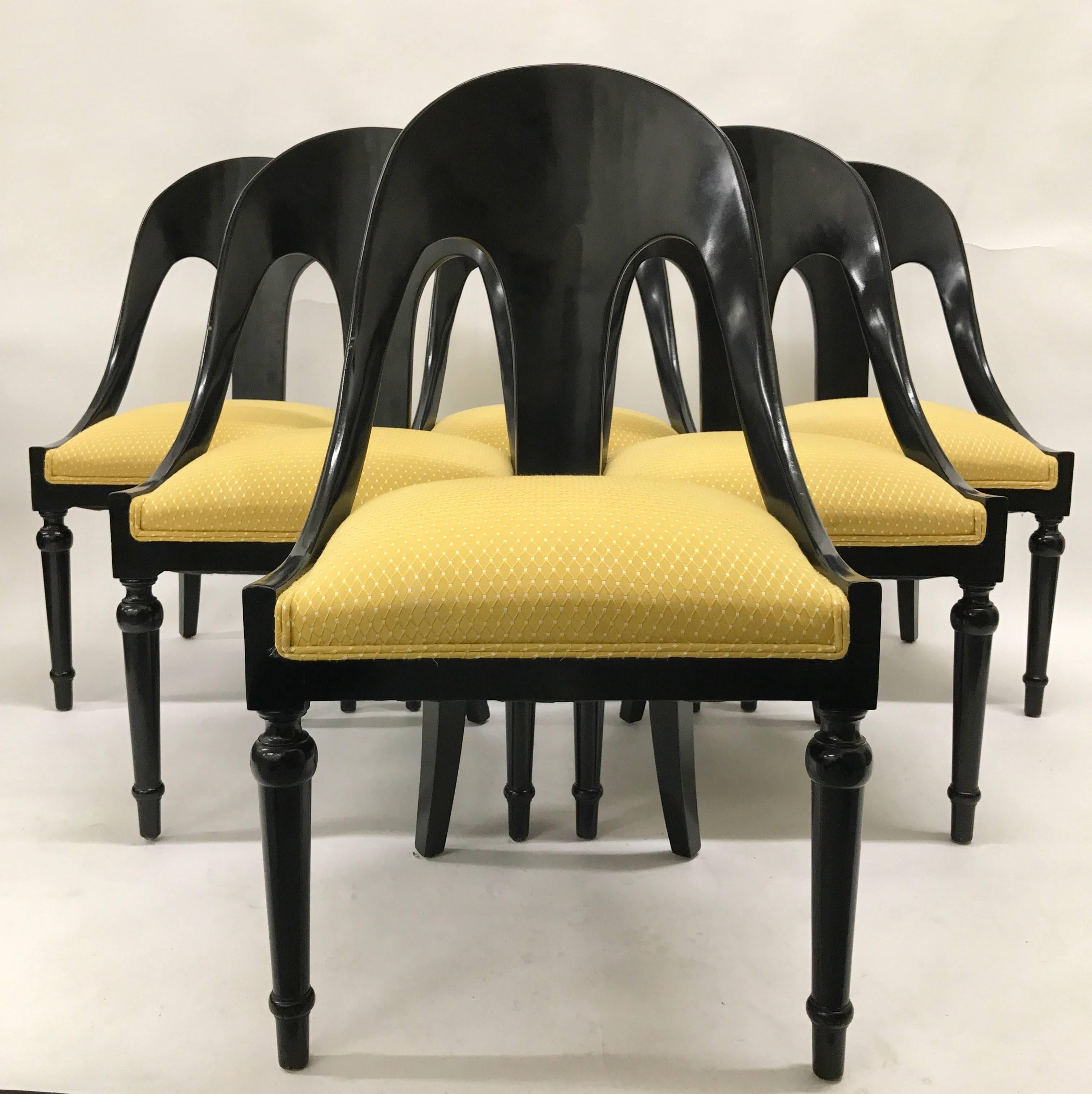 Set of six neoclassical style black lacquer spoon back dining chairs, 1940s.