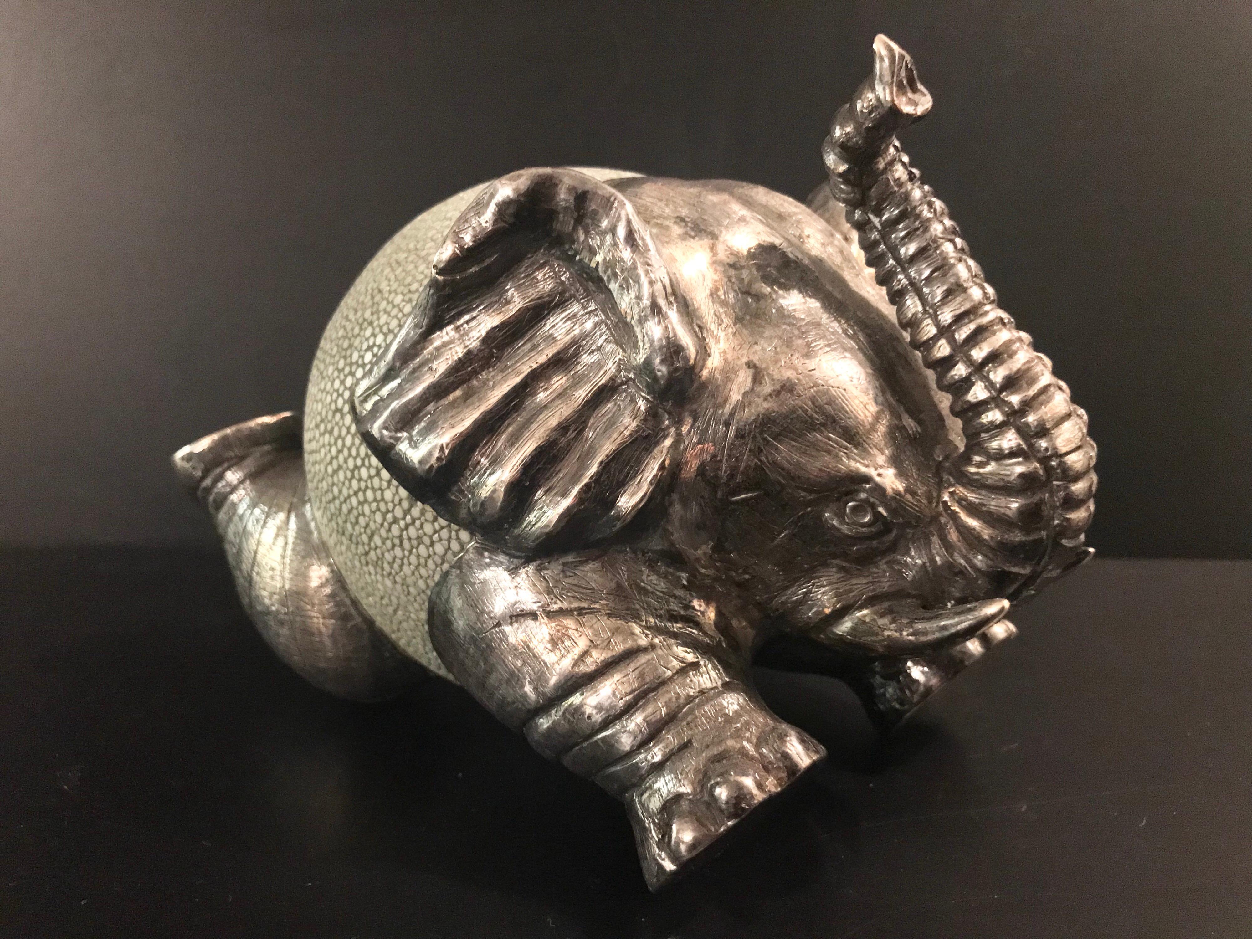 Contemporary Lotus Arts de Vivre Shagreen and Sterling Silver Elephant Sculpture