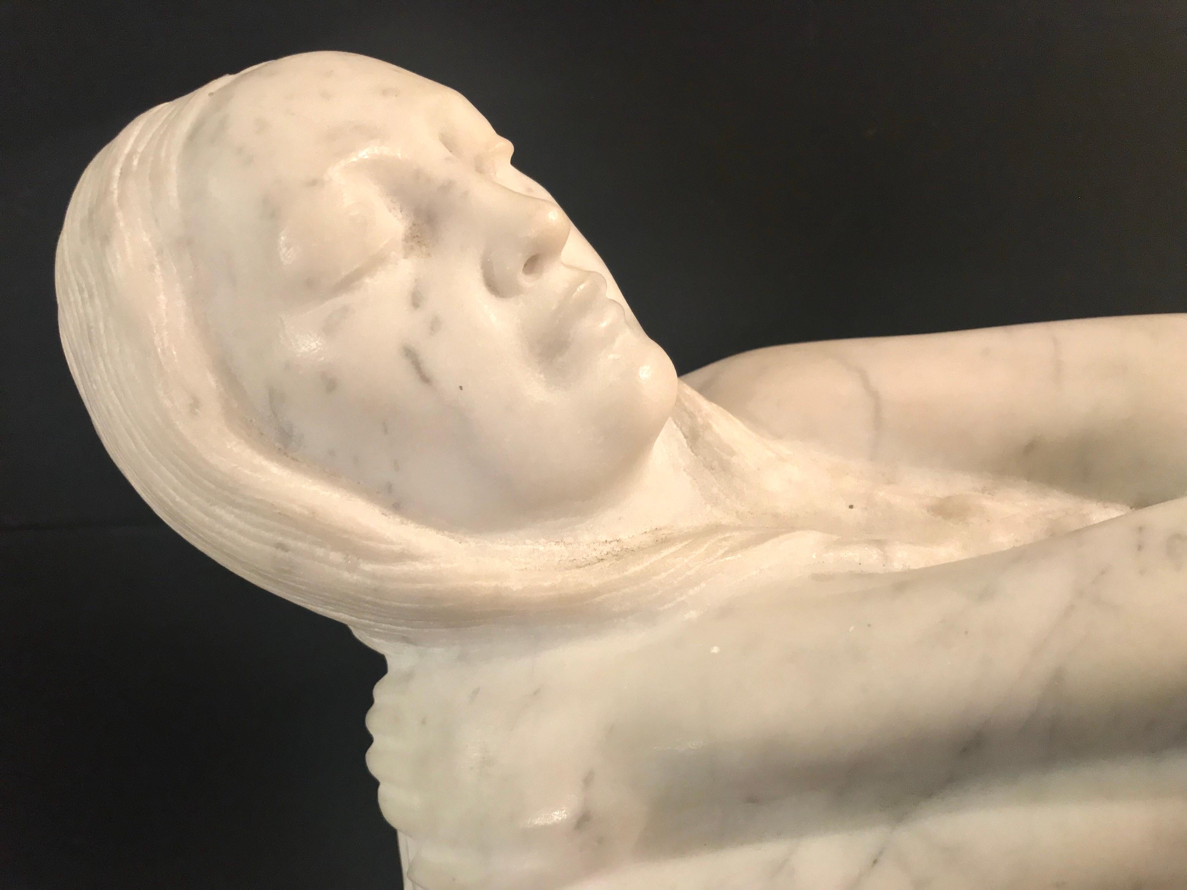 Art Nouveau Reclining Maiden Marble Sculpture Signed For Sale 1