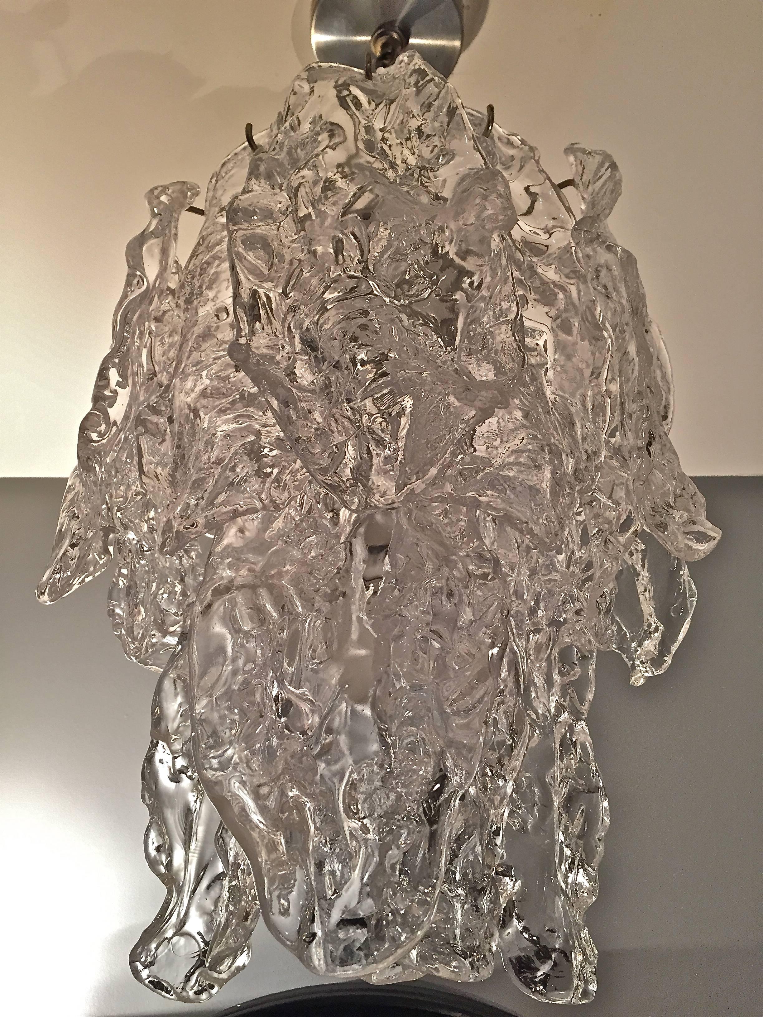 Metal Mazzega Clear Textured Glass Chandelier For Sale