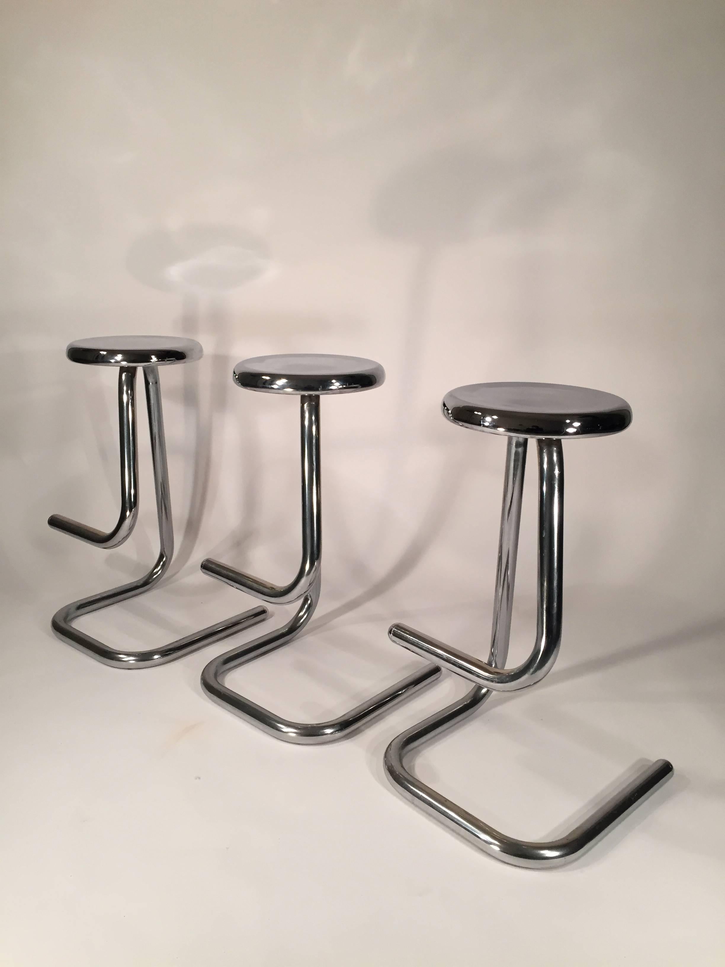Set of three chromed steel bar stools designed by Hugh Hamilton and Philip Salmon for Kinetics Furniture, Canada, 1970s.