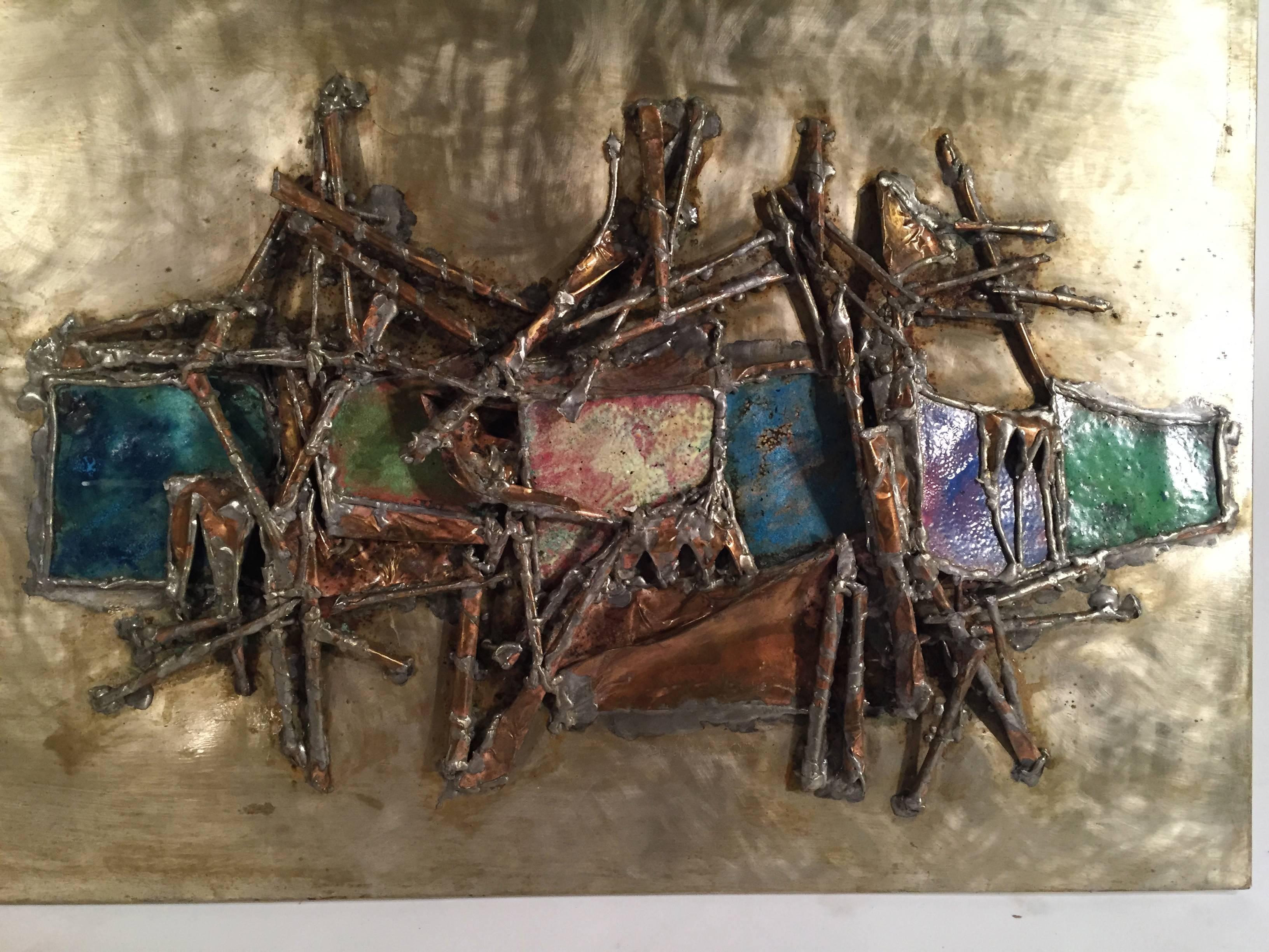 Abstract copper, enamel and metal wall sculpture. Illegible signature, 1960s.