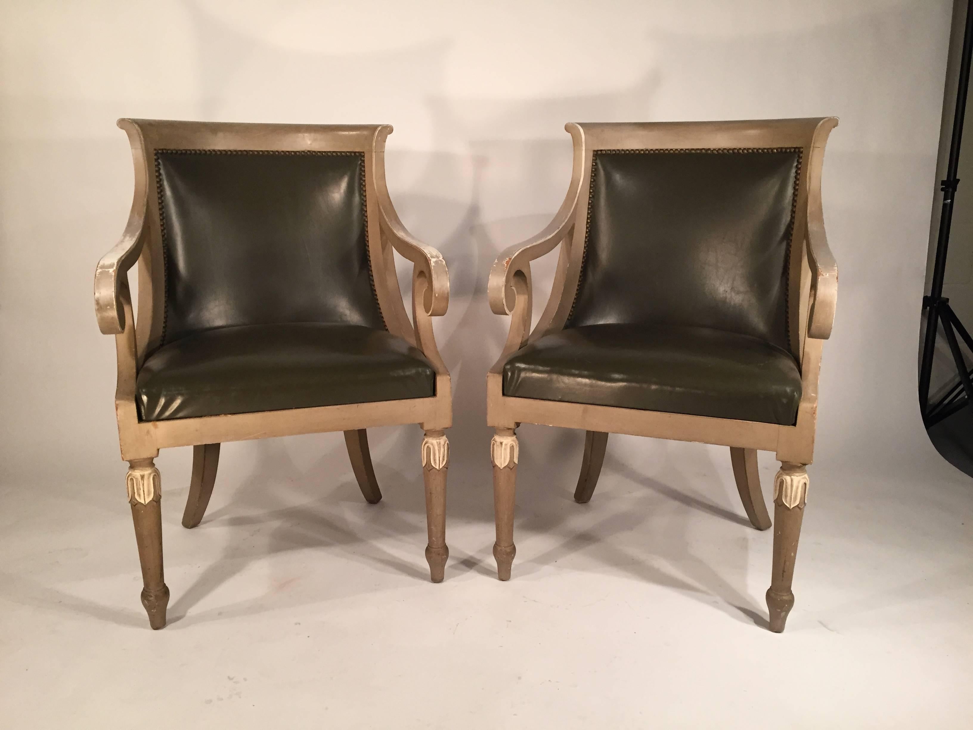 Faux Leather Pair of French Empire Style Painted Armchairs