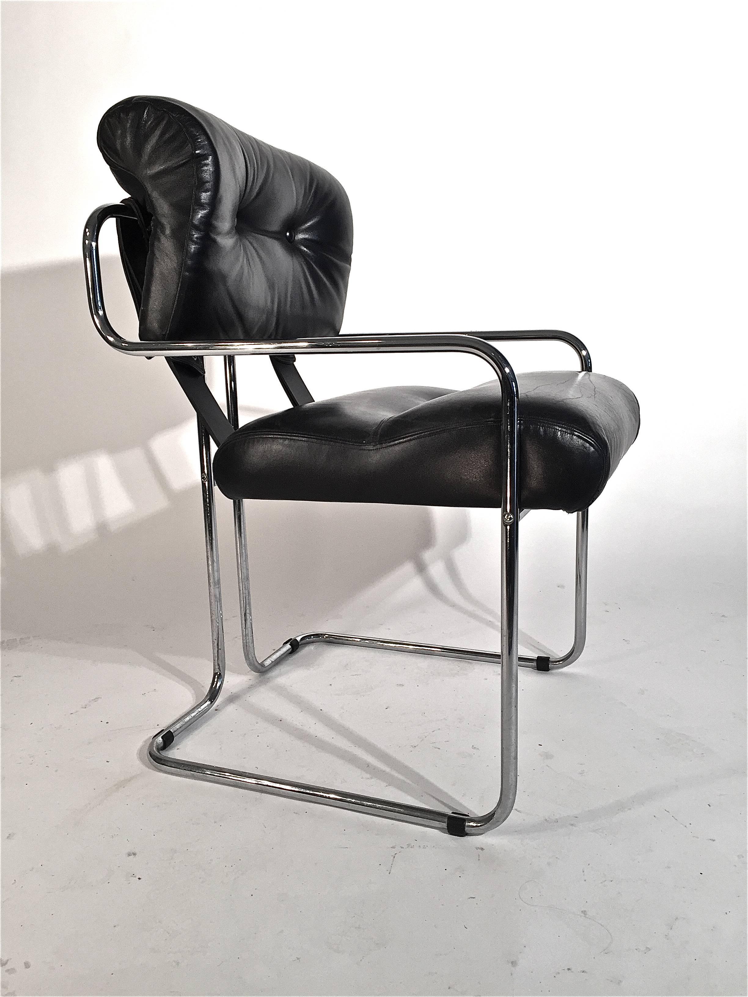 Guido Faleschini tucroma chairs by i4 Mariani for Pace. The leather is black in color. Chairs are priced individually. There are two available.