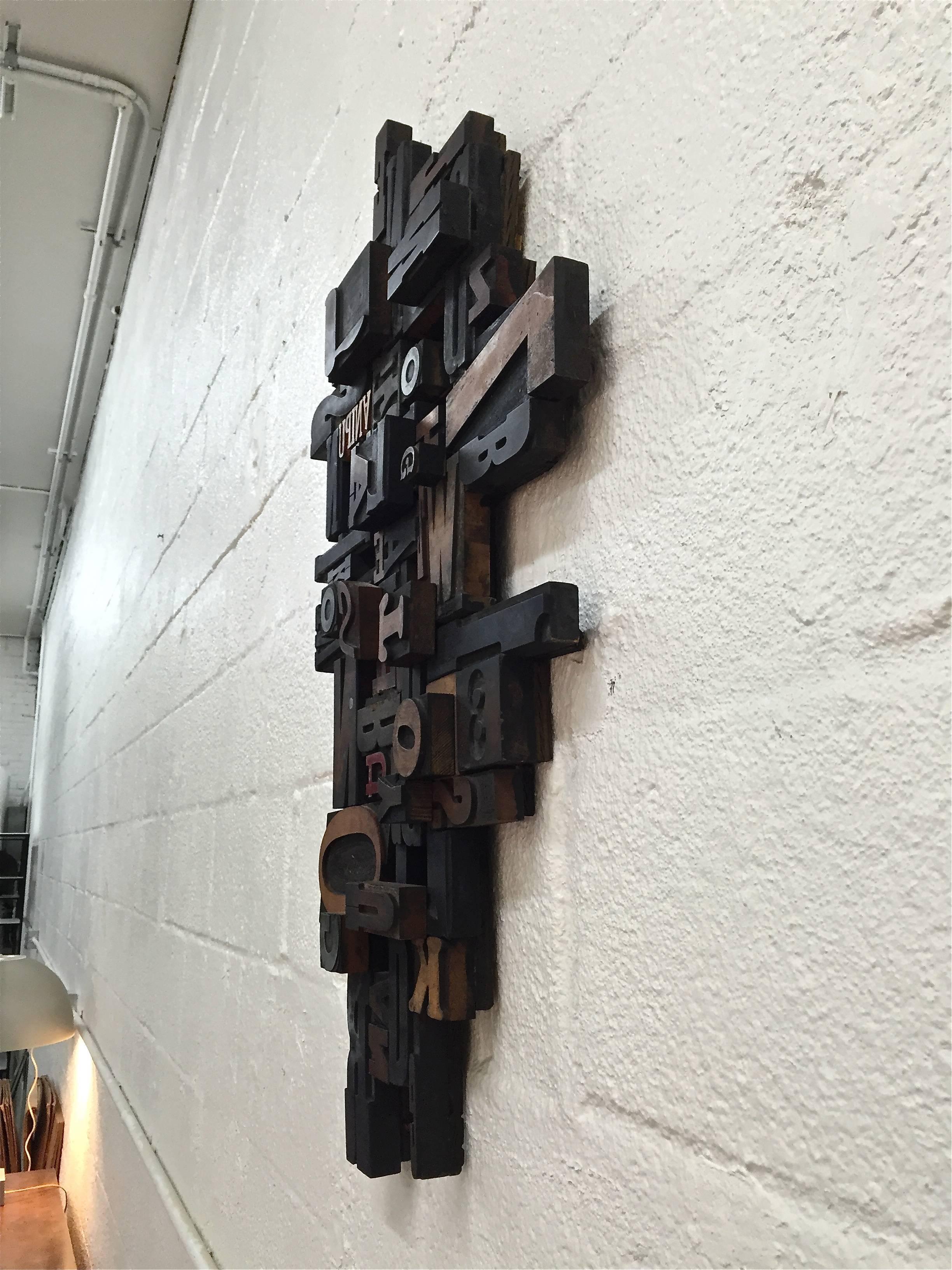 American Letterpress Printing Wood Block Wall Sculpture For Sale