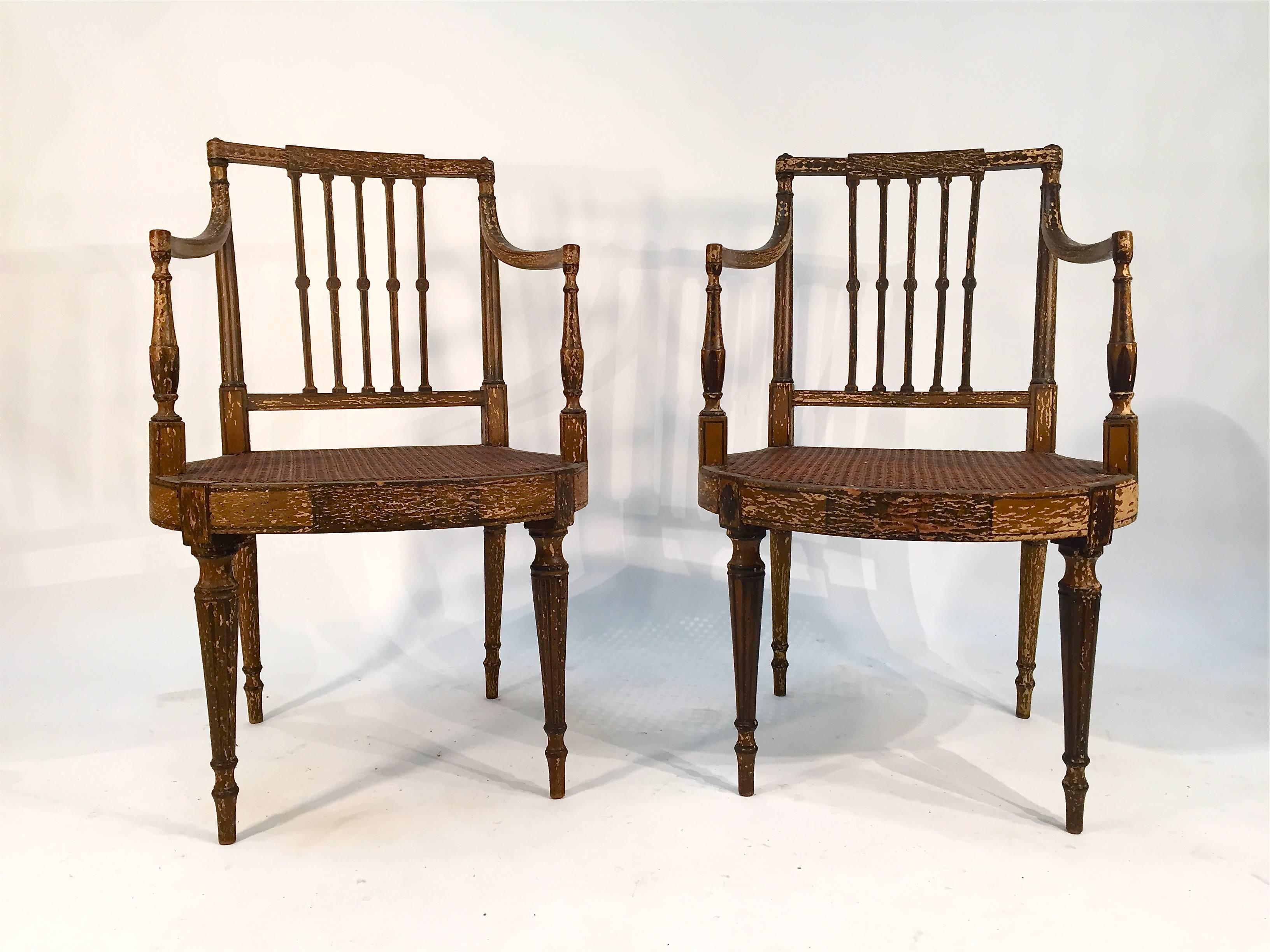 19th Century Painted English Regency Cane Seat Armchairs In Good Condition For Sale In Lake Success, NY