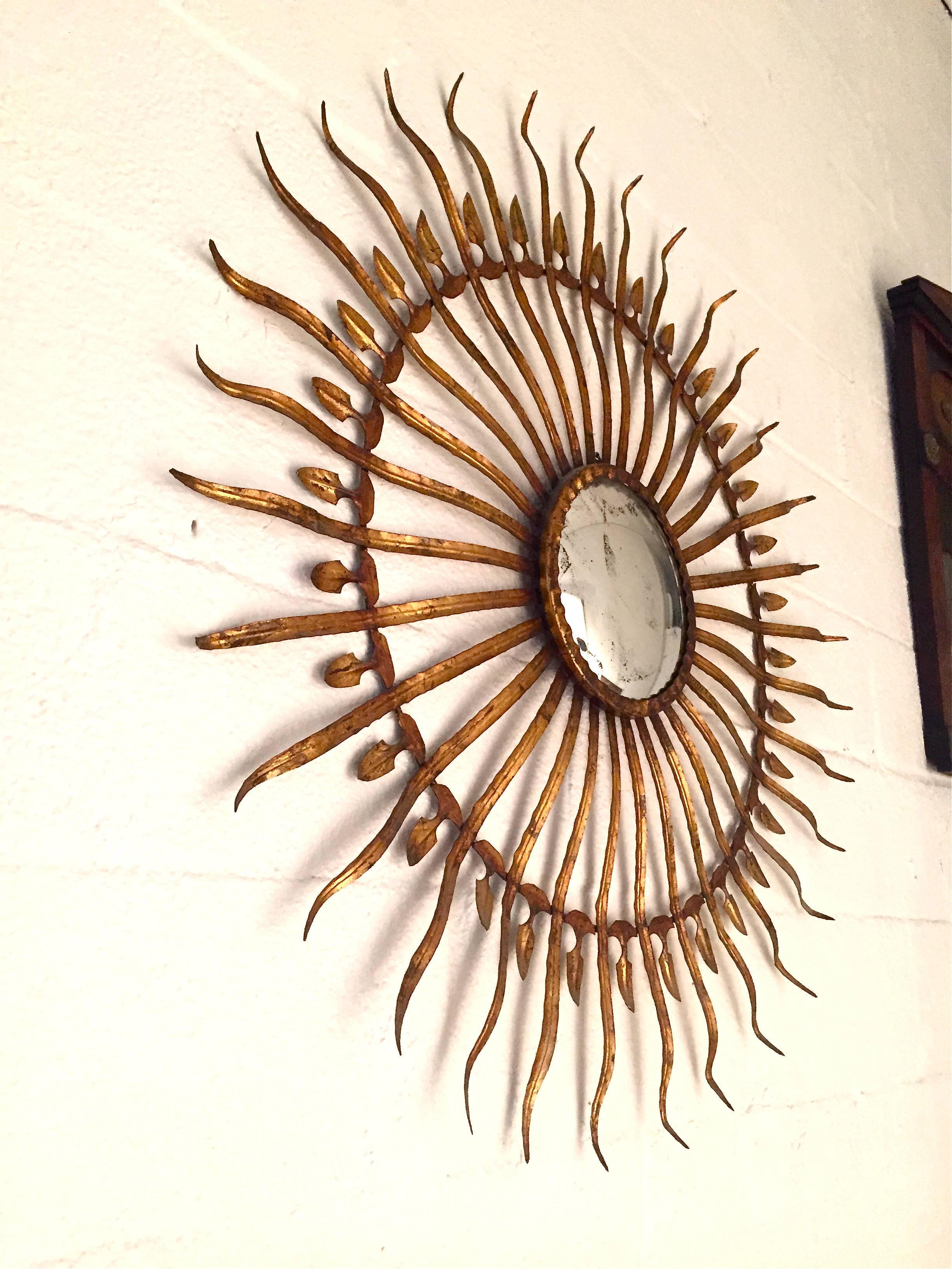 Gilt Metal Sunburst Convex Mirror In Good Condition For Sale In Lake Success, NY