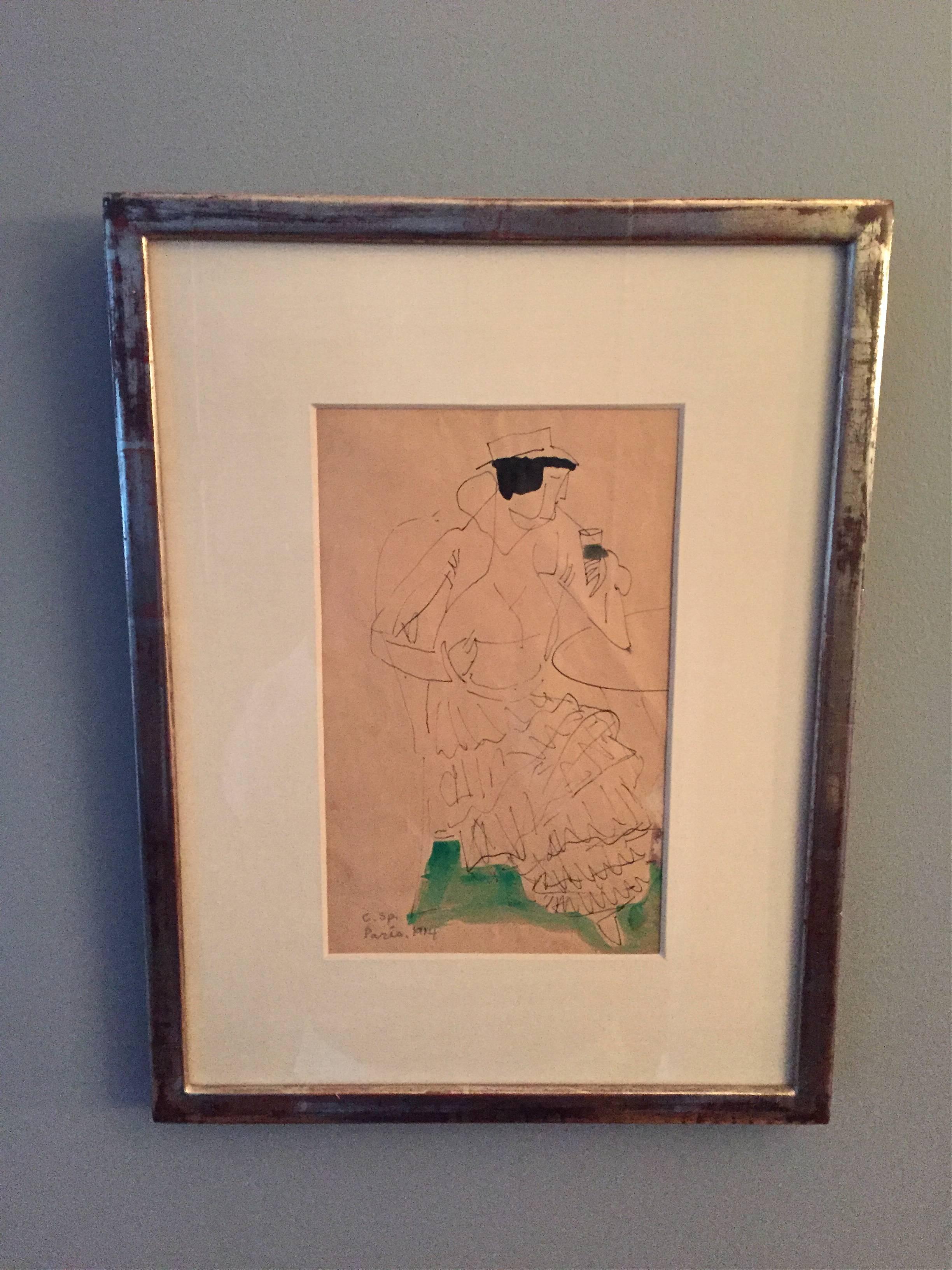 Ink and watercolor on paper by Carl Spinchorn (1887-1971). Very nicely framed and matted. Signed on the bottom left in pencil C. Sp. Paris, 1914.