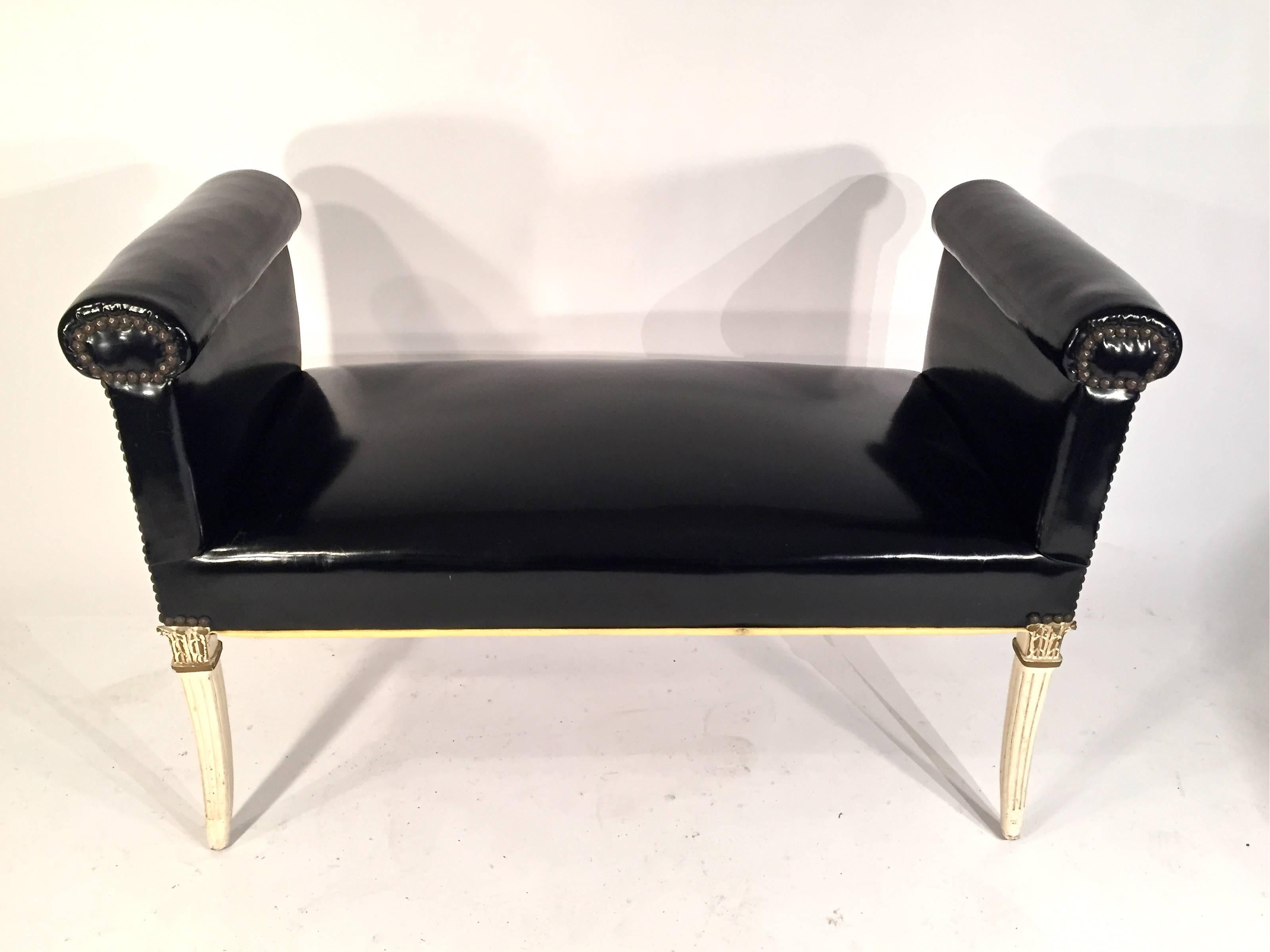 Window seat or bench in a black patent faux leather. USA, 1950s.